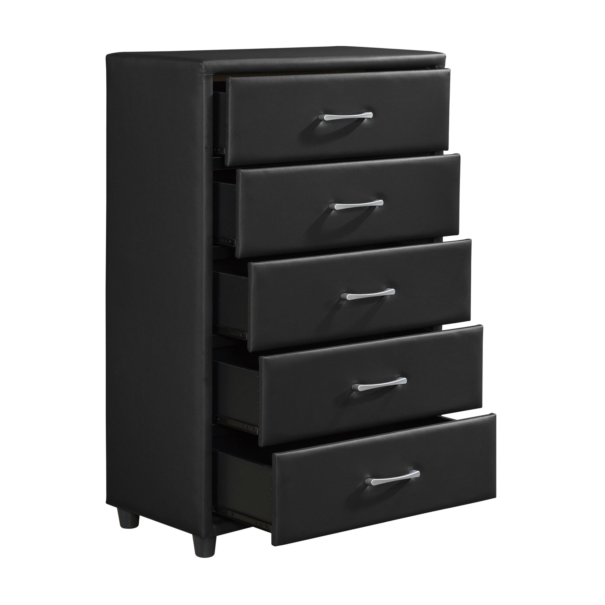 Contemporary Durable Black Faux Leather Covering 1Pc Chest Of Drawers Silver Tone Bar Pulls Stylish Furniture Black Bedroom Contemporary Plywood