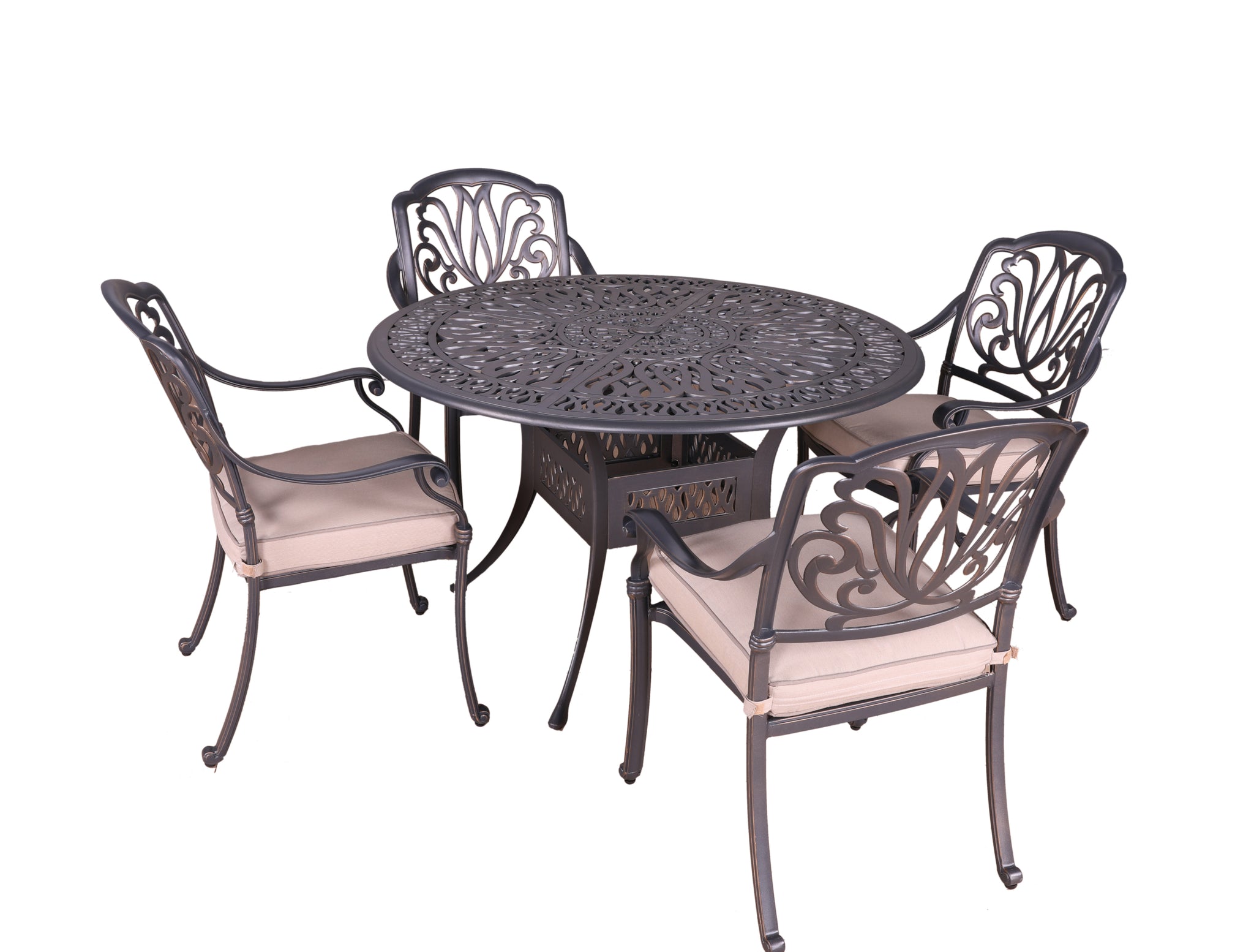 Round 4 Person 48" Long Aluminum Dining Set With Sunbrella Cushions Grey Ivory Polyester Aluminum