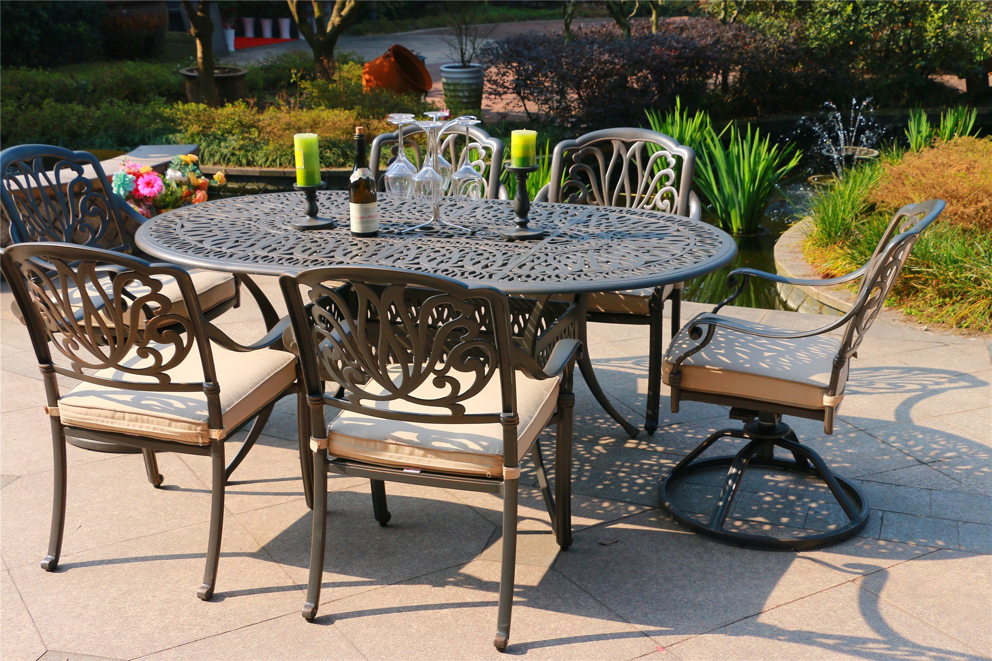 Oval 6 Person 72" Long Aluminum Dining Set Sunbrella With Cushions Grey Ivory Polyester Aluminum