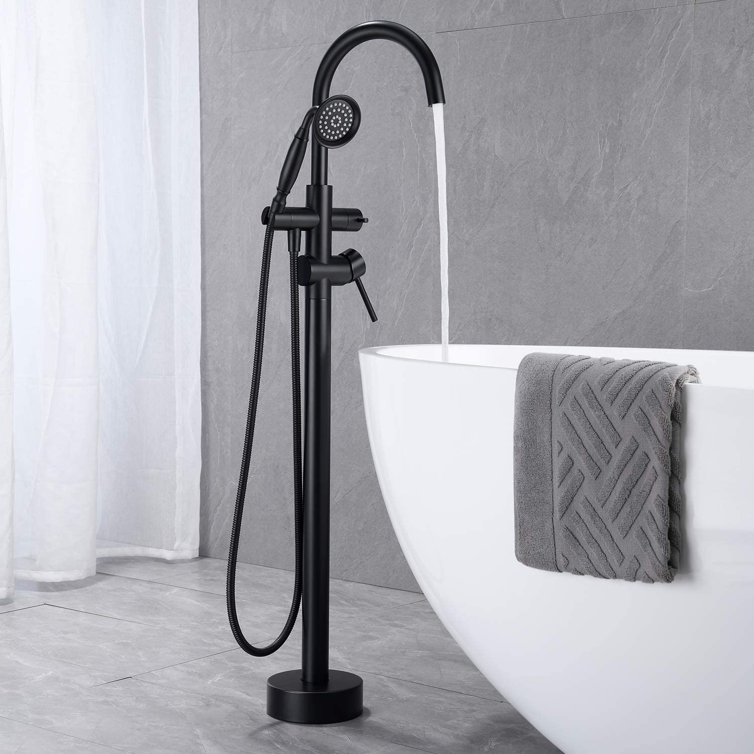 Freestanding Tub Filler Bathtub Faucet Matte Black With Hand Held Shower Floor Mount Matte Black Brass