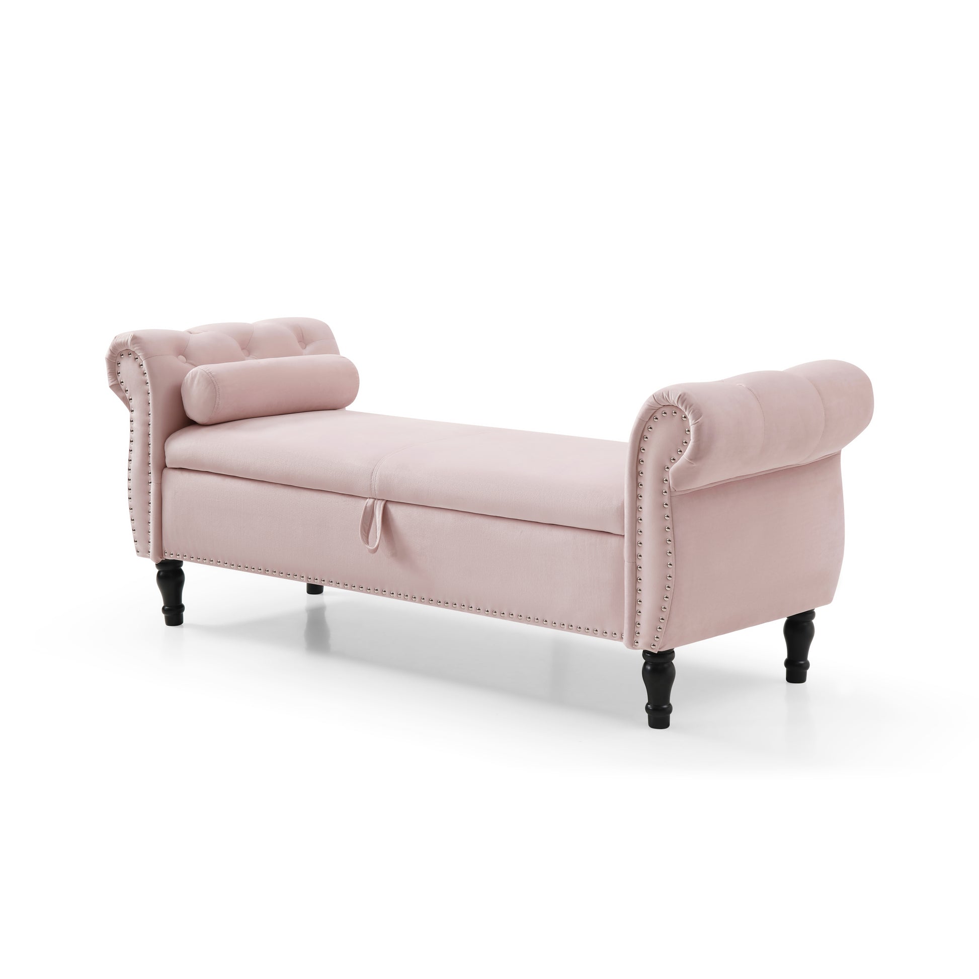 Aijia 63" Velvet Multifunctional Storage Rectangular Sofa Stool Buttons Tufted Trimmed Solid Wood Legs With 1 Pillow,Light Pink Light Pink Velvet