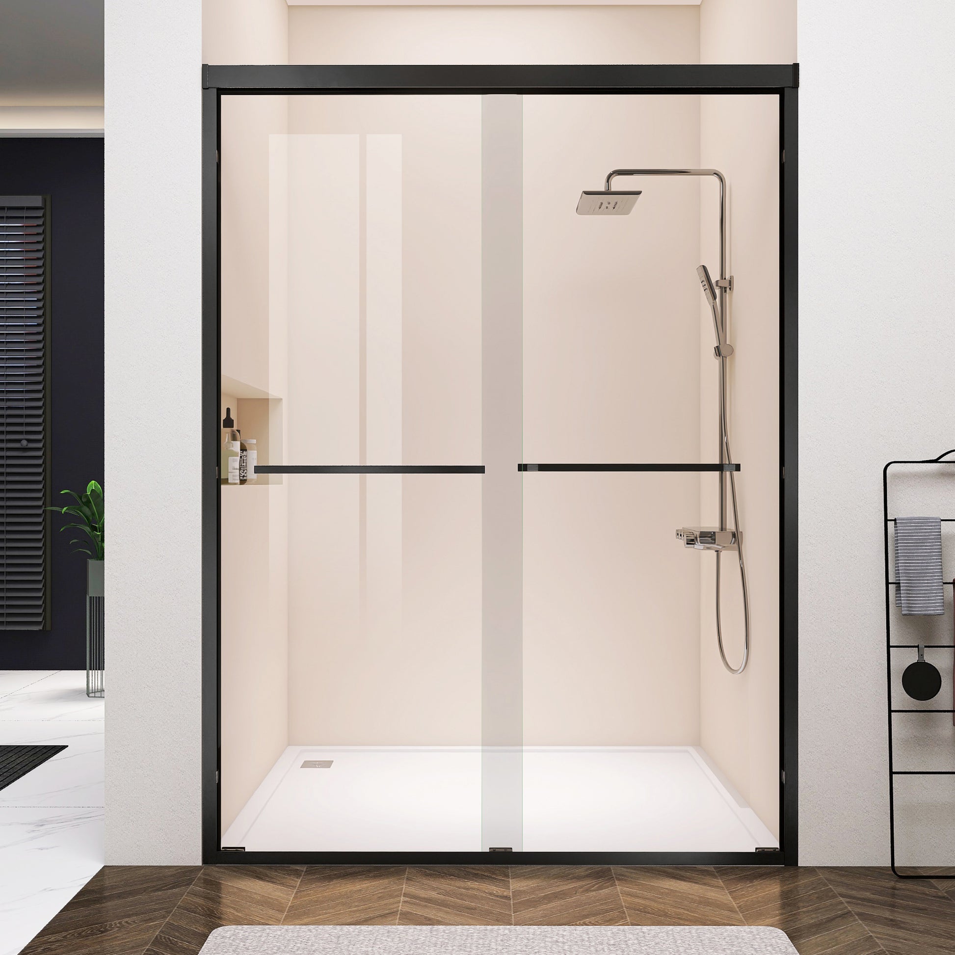 60 In. W X 76 In. Hsliding Framed Shower Door In Black Finish With Clear Glass Matt Black Glass