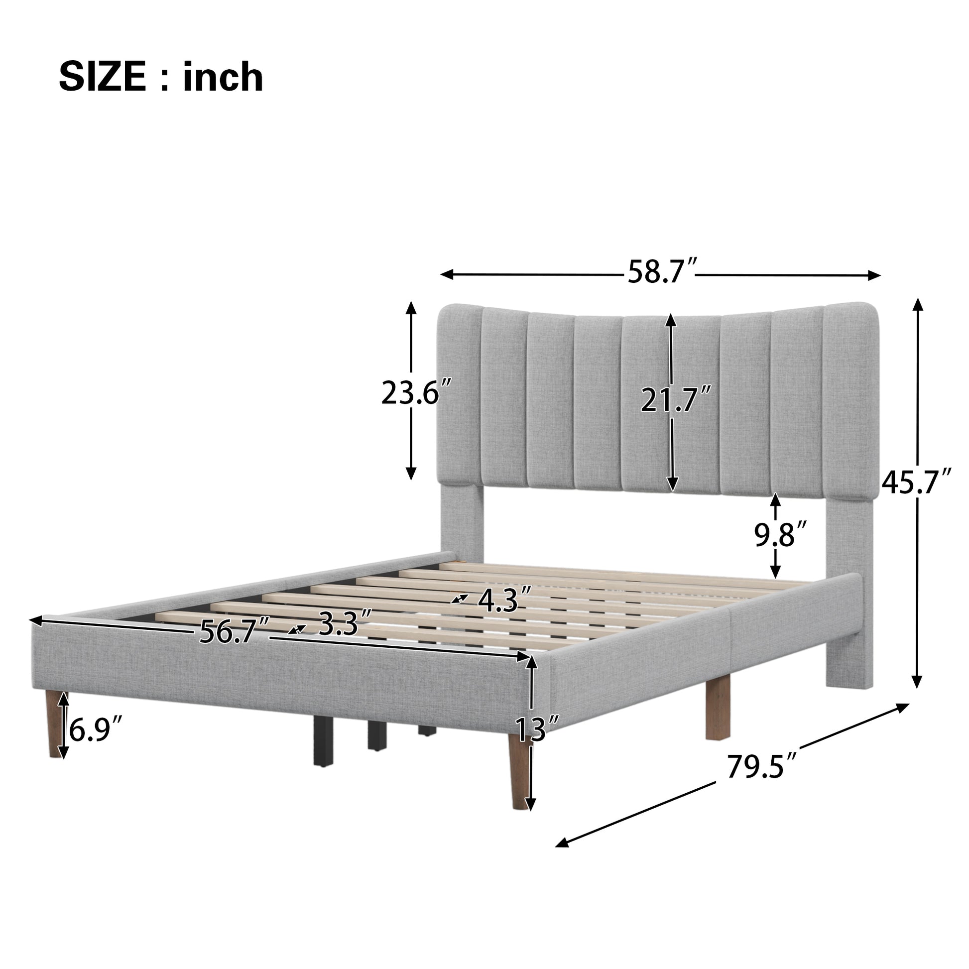 Upholstered Platform Bed Frame With Vertical Channel Tufted Headboard, No Box Spring Needed, Full,Gray Gray Linen