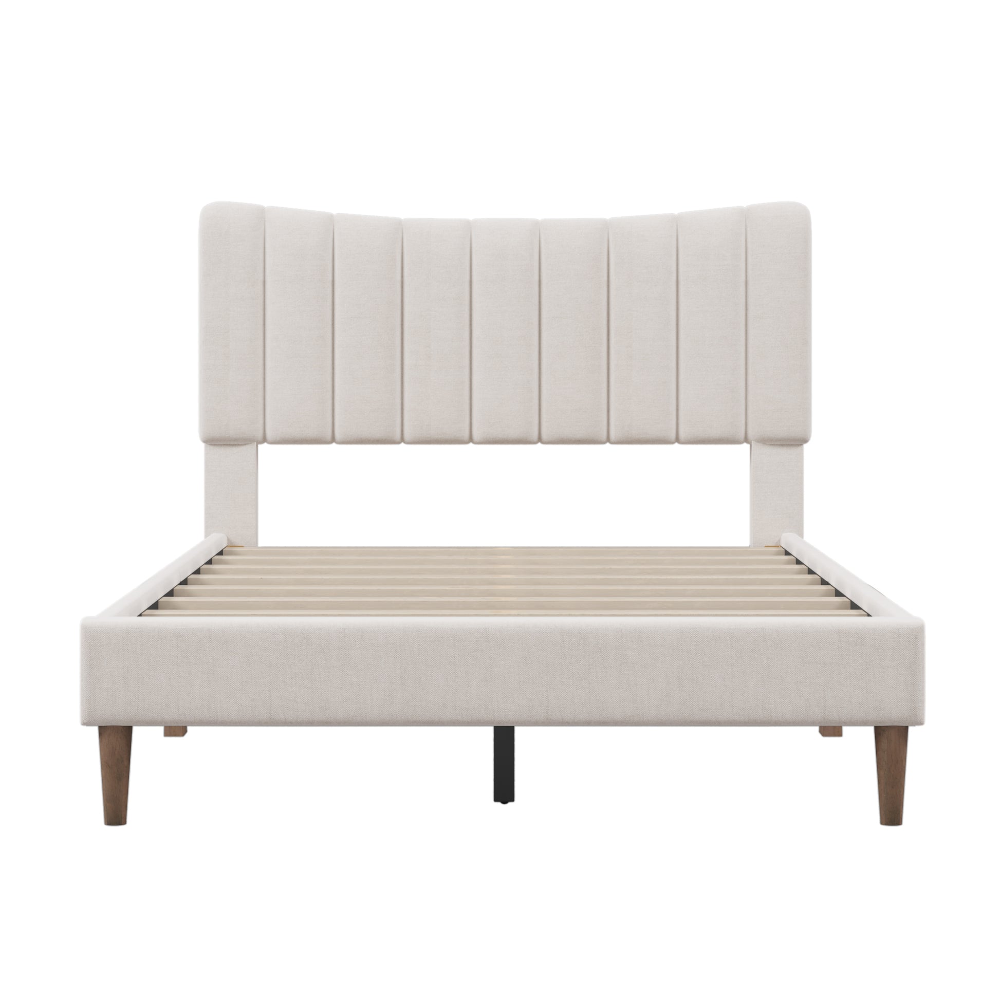 Upholstered Platform Bed Frame With Vertical Channel Tufted Headboard, No Box Spring Needed, Full, Cream Cream Linen