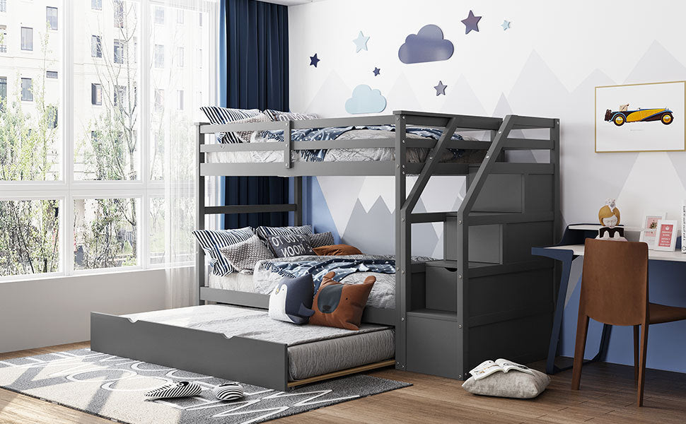 Twin Over Twin Bunk Bed With Twin Size Trundle And 3 Storage Stairs,Gray Old Sku :Lp000064Aae Gray Solid Wood