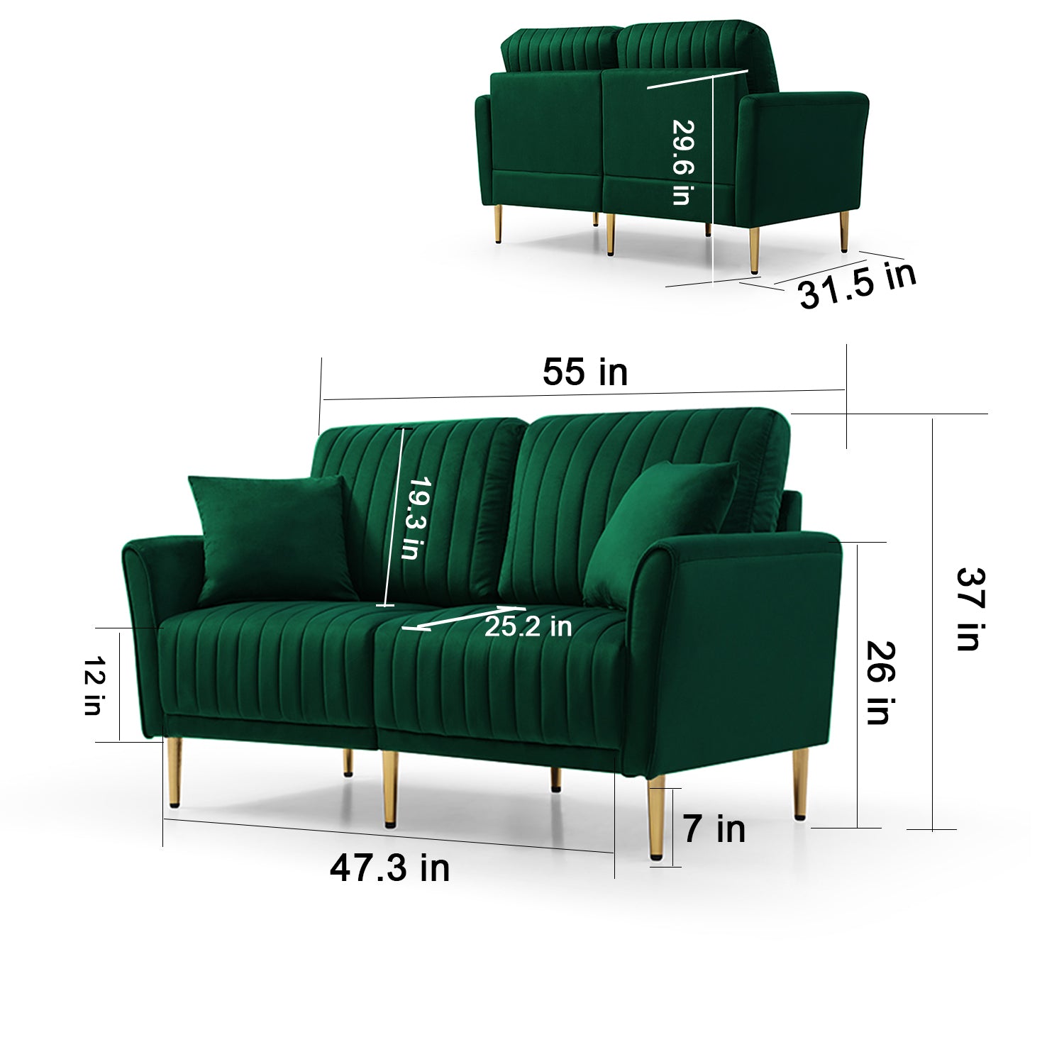 Green Velvet Couch And Sofa Set For Living Room, 2 Piece Modern 2 Seat Sofas Setfurniture Sofa Set With Removable Cushions,Free Throw Pillow. Green Foam Velvet 4 Seat