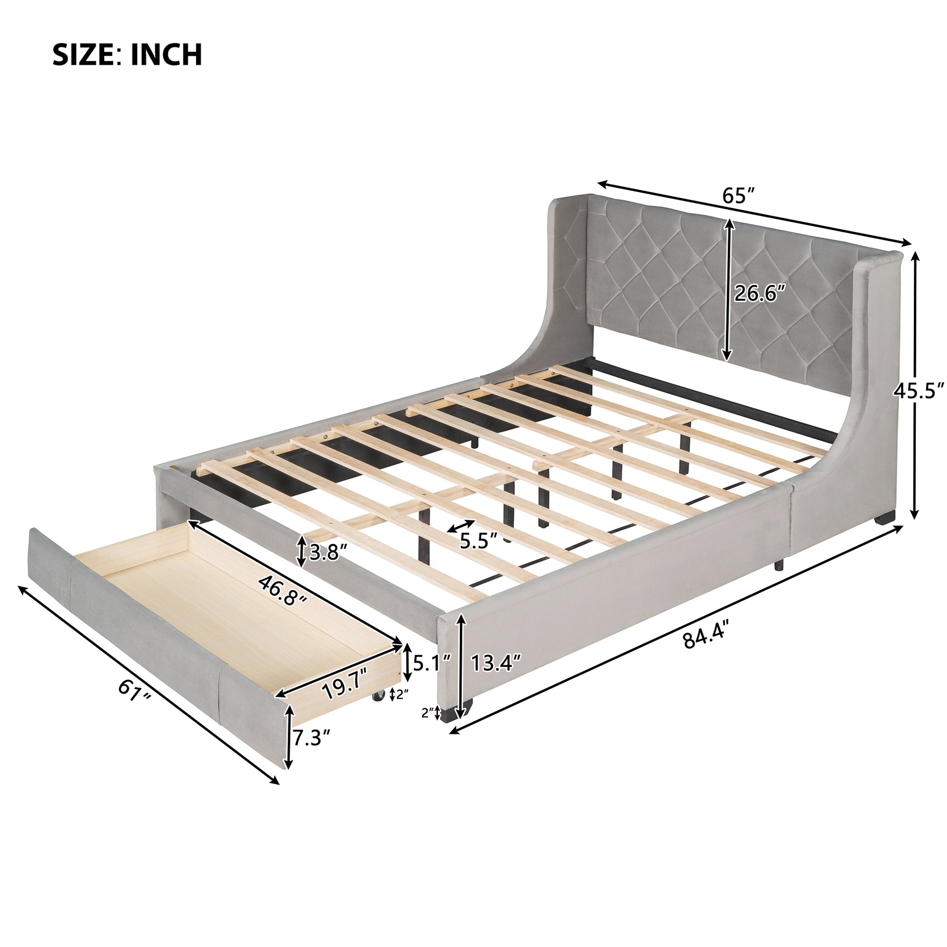 Queen Size Storage Bed Velvet Upholstered Platform Bed With Wingback Headboard And A Big Drawer Gray Gray Upholstered