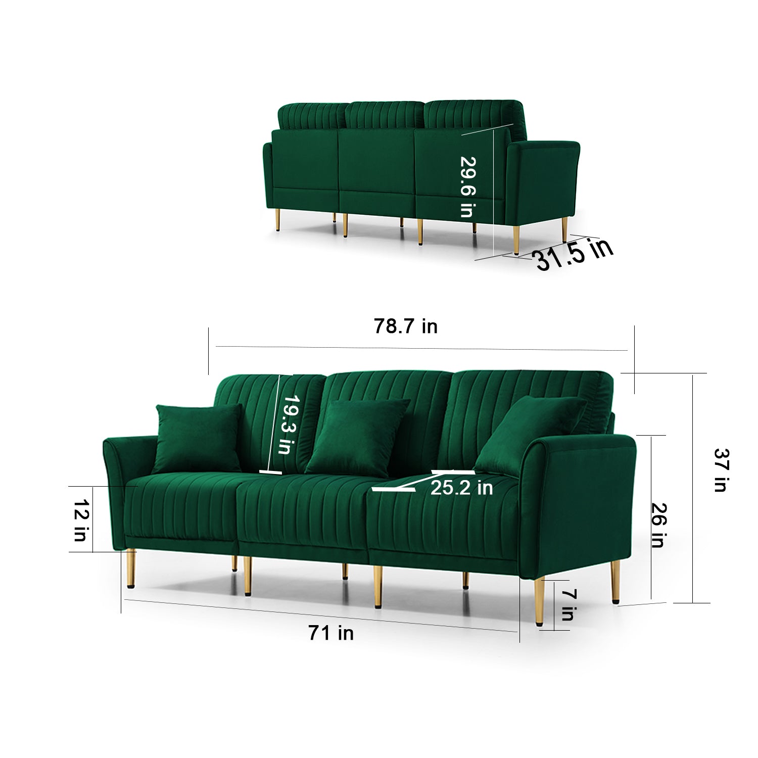 Living Room Furniture Upholstered Couch Sofa With Reversible Cushions For Home Or Office 3 Seat Green Velvet Green Foam Velvet 3 Seat