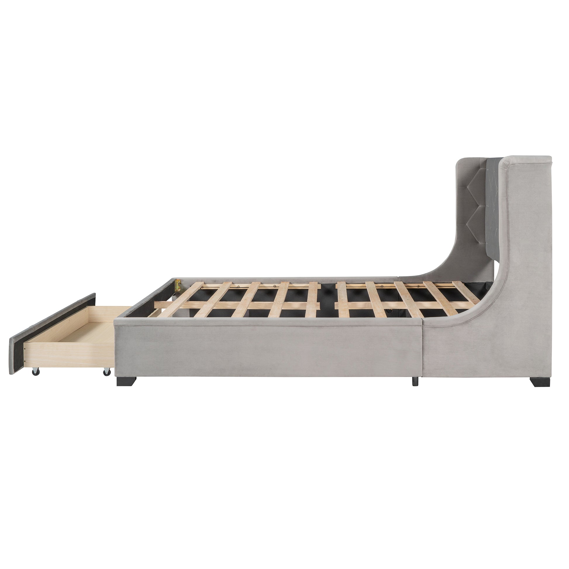 Queen Size Storage Bed Velvet Upholstered Platform Bed With Wingback Headboard And A Big Drawer Gray Gray Upholstered
