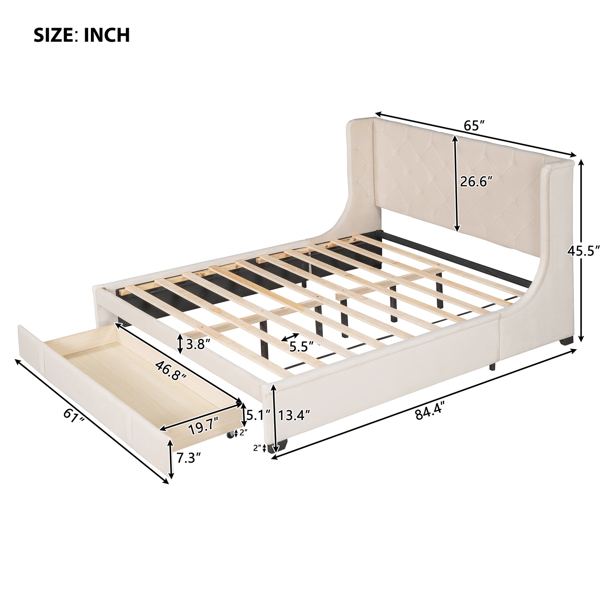 Queen Size Storage Bed Velvet Upholstered Platform Bed With Wingback Headboard And A Big Drawer Beige Beige Upholstered