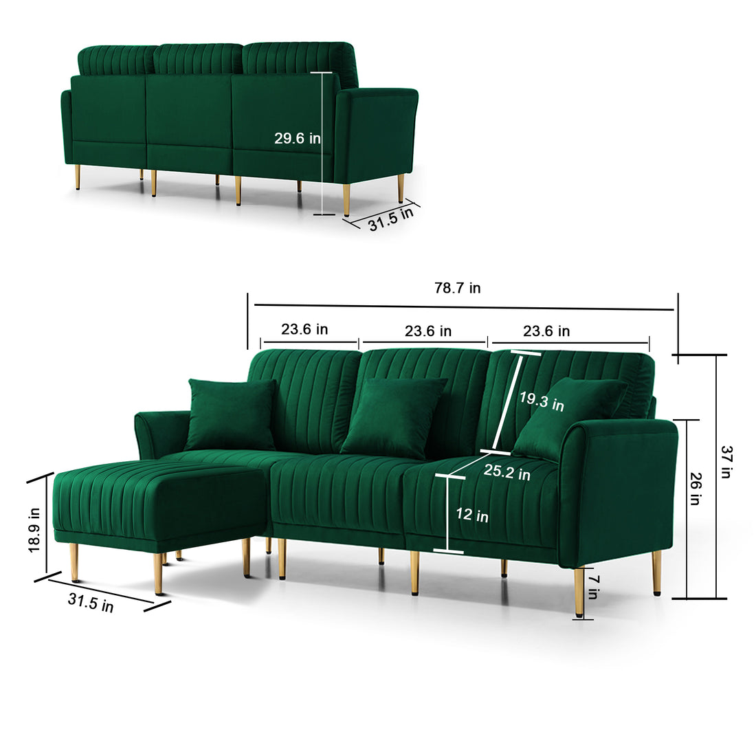 Green Velvet Modular Corner Sofa Reversible Left Hand Facing Sofa & Chaise With Ottoman Green Foam Velvet 3 Seat