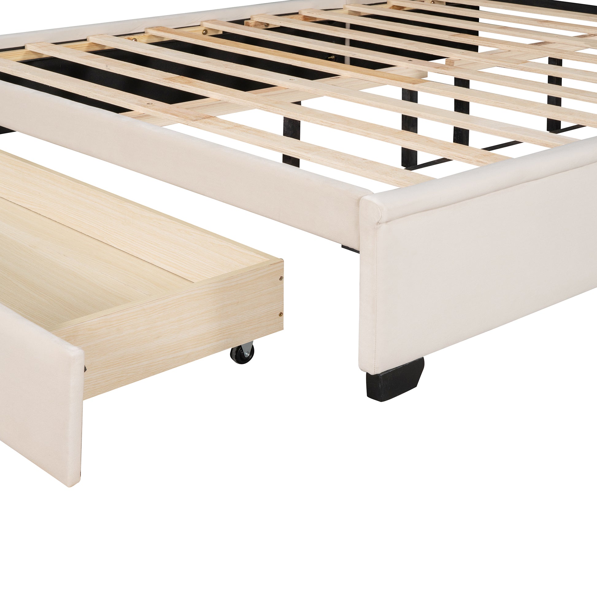 Queen Size Storage Bed Velvet Upholstered Platform Bed With Wingback Headboard And A Big Drawer Beige Beige Upholstered