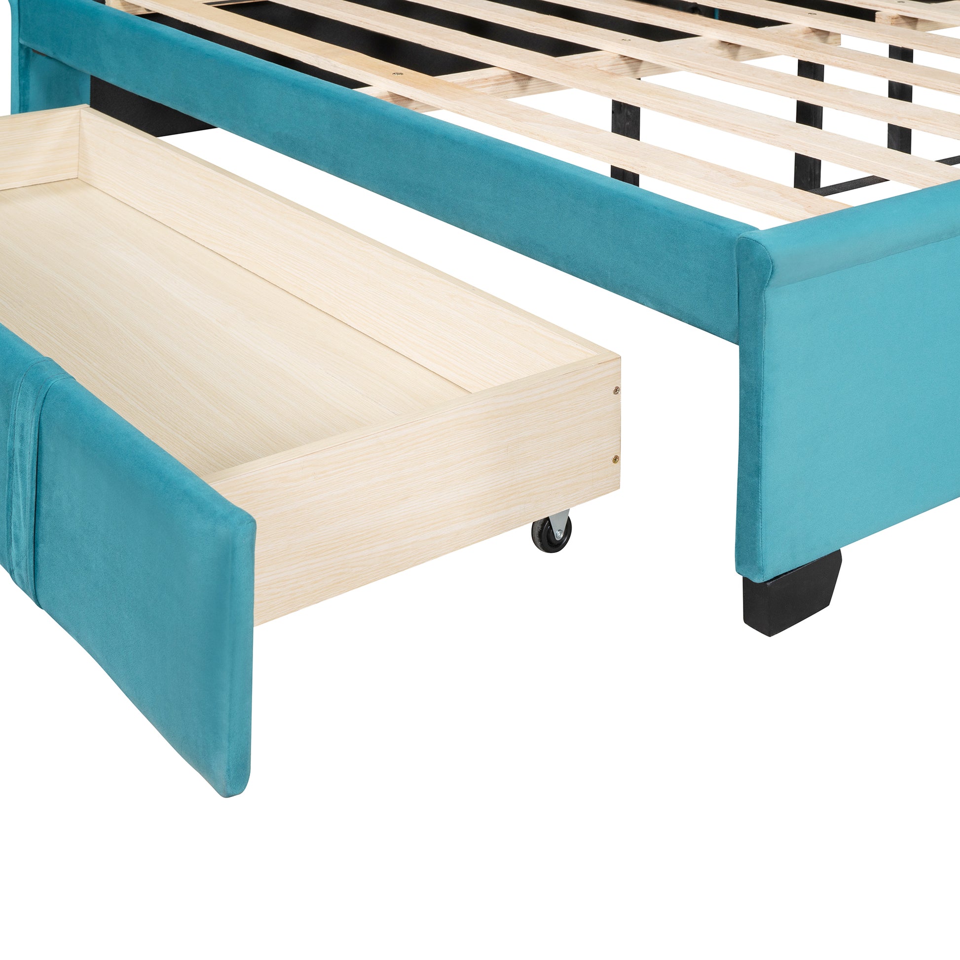 Queen Size Storage Bed Velvet Upholstered Platform Bed With Wingback Headboard And A Big Drawer Blue Blue Upholstered
