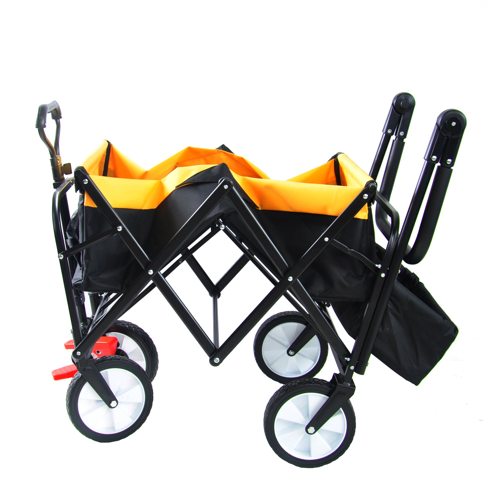 Folding Wagon Collapsible Outdoor Utility Wagon, Heavy Duty Folding Garden Portable Hand Cart, Drink Holder, Adjustable Handles Yellow Steel