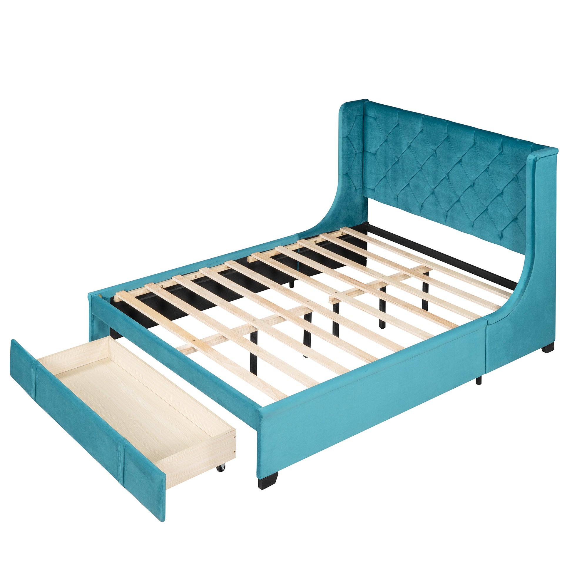 Queen Size Storage Bed Velvet Upholstered Platform Bed With Wingback Headboard And A Big Drawer Blue Blue Upholstered