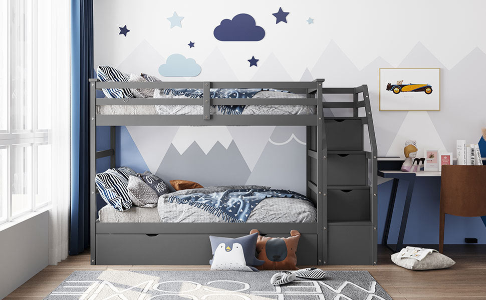 Twin Over Twin Bunk Bed With Twin Size Trundle And 3 Storage Stairs,Gray Old Sku :Lp000064Aae Gray Solid Wood