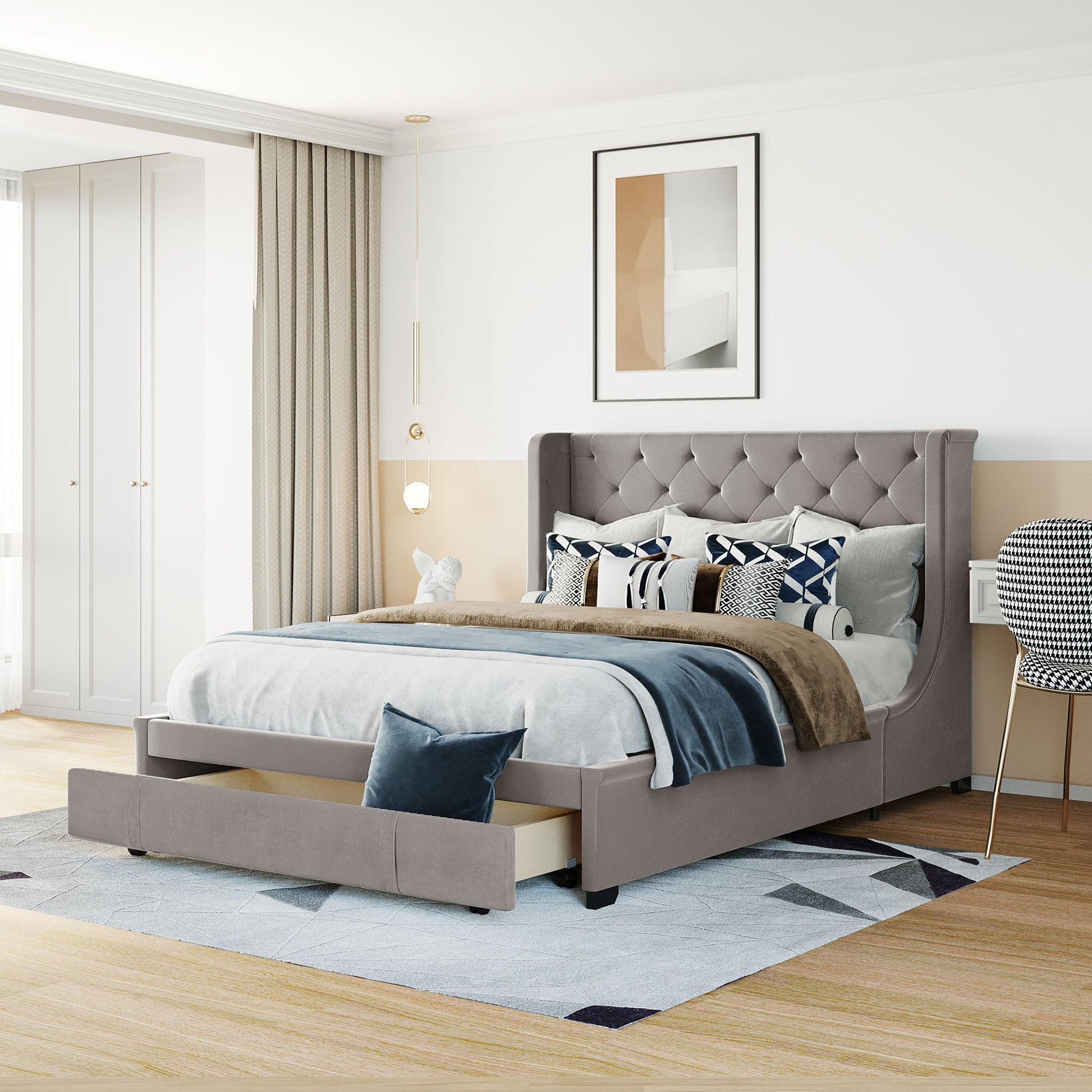 Queen Size Storage Bed Velvet Upholstered Platform Bed With Wingback Headboard And A Big Drawer Gray Gray Upholstered
