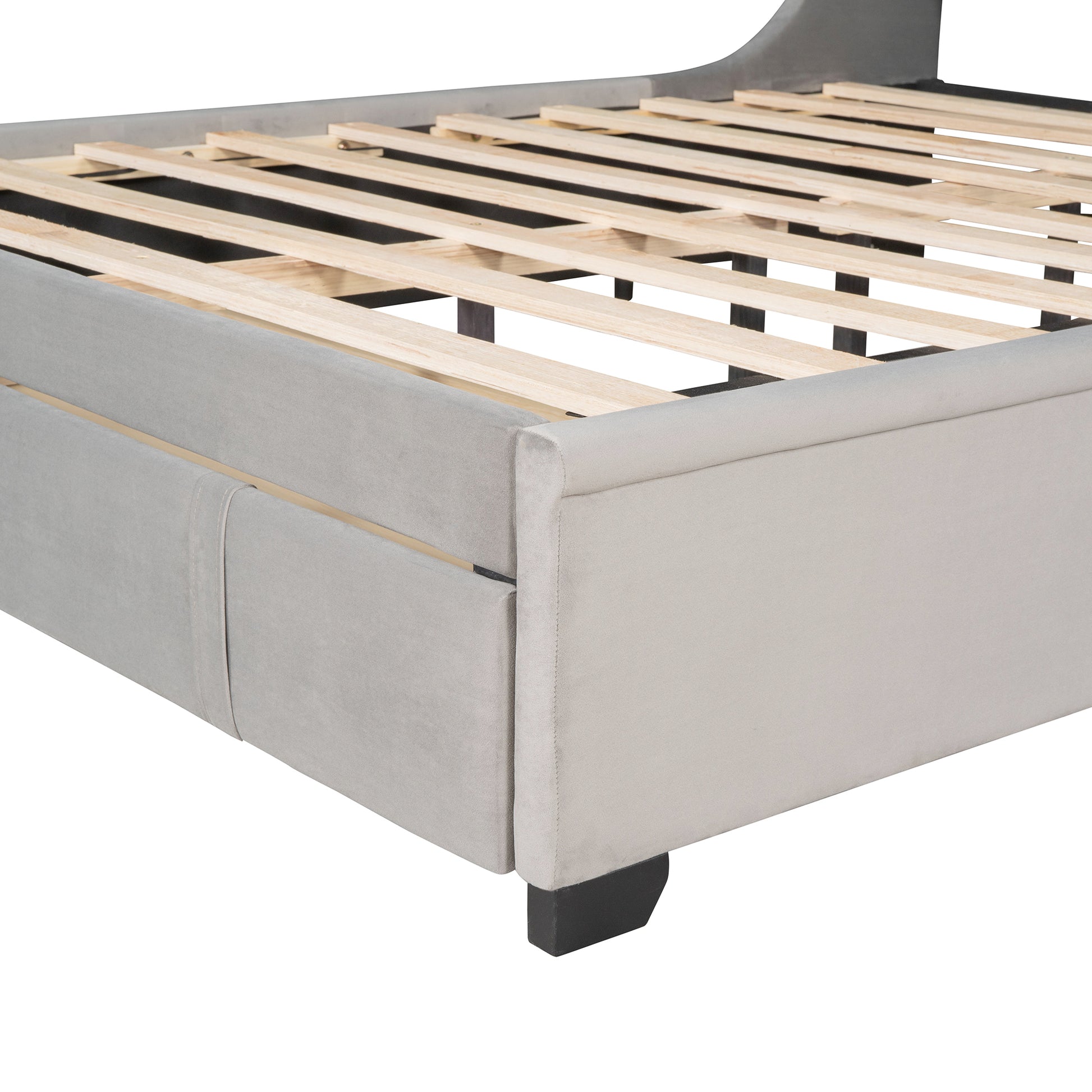 Queen Size Storage Bed Velvet Upholstered Platform Bed With Wingback Headboard And A Big Drawer Gray Gray Upholstered