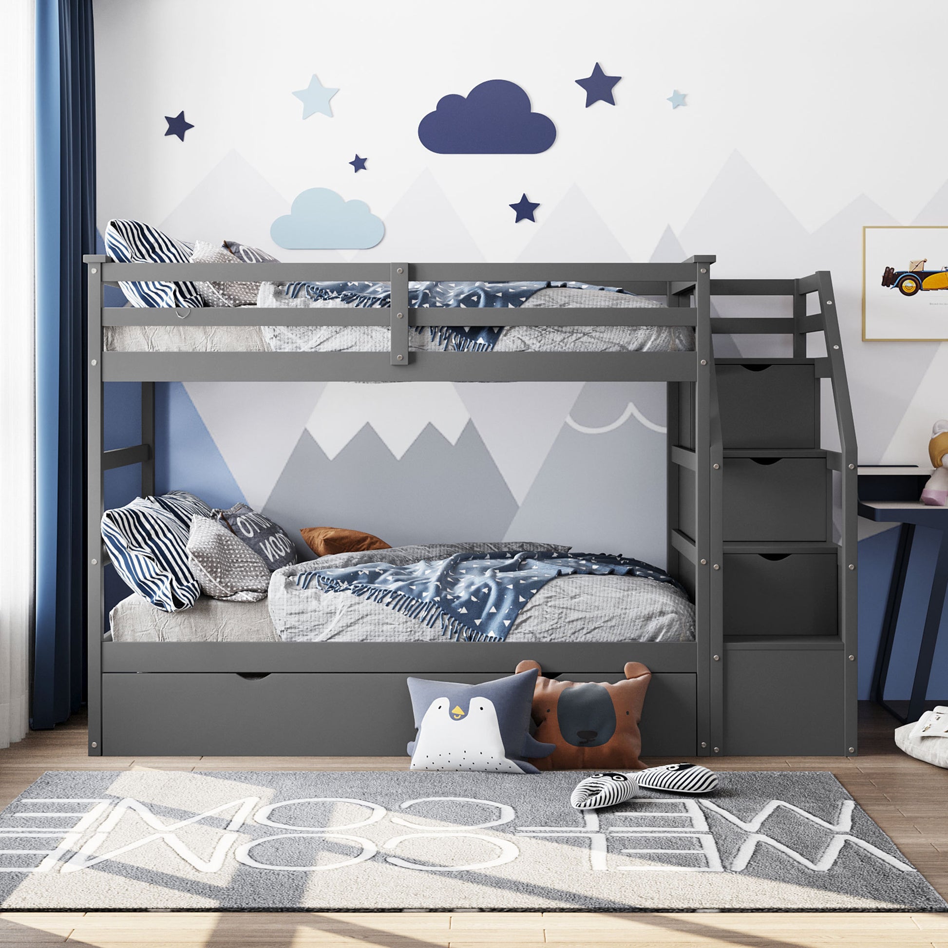 Twin Over Twin Bunk Bed With Twin Size Trundle And 3 Storage Stairs,Gray Old Sku :Lp000064Aae Gray Solid Wood