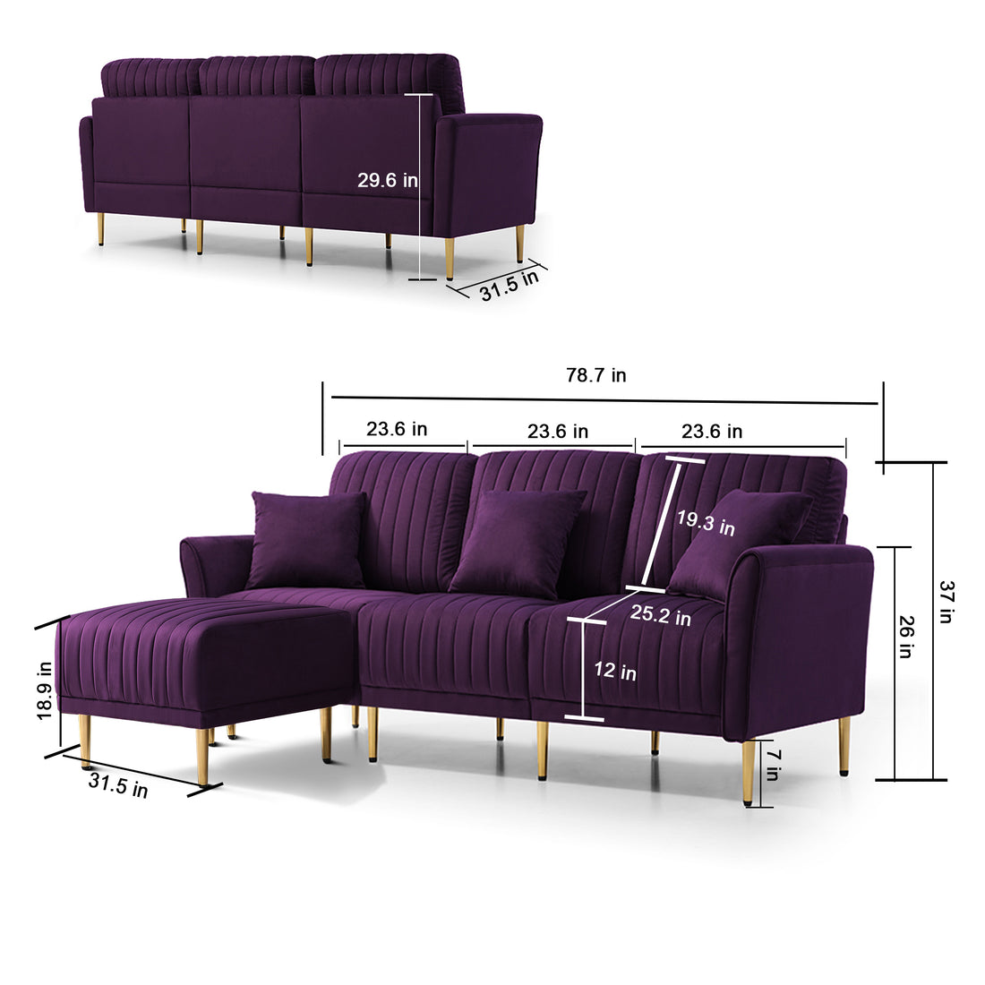 Modern Large Velvet Fabric L Shape Chaise Lounge Couch Sectional Sofa Eggplant Purple Foam Velvet 3 Seat