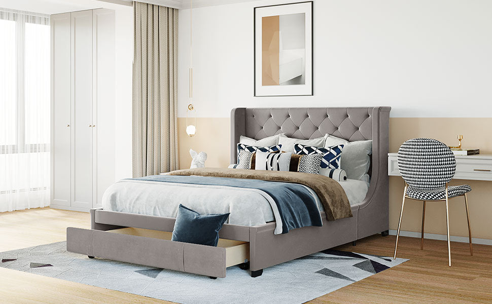 Queen Size Storage Bed Velvet Upholstered Platform Bed With Wingback Headboard And A Big Drawer Gray Gray Upholstered