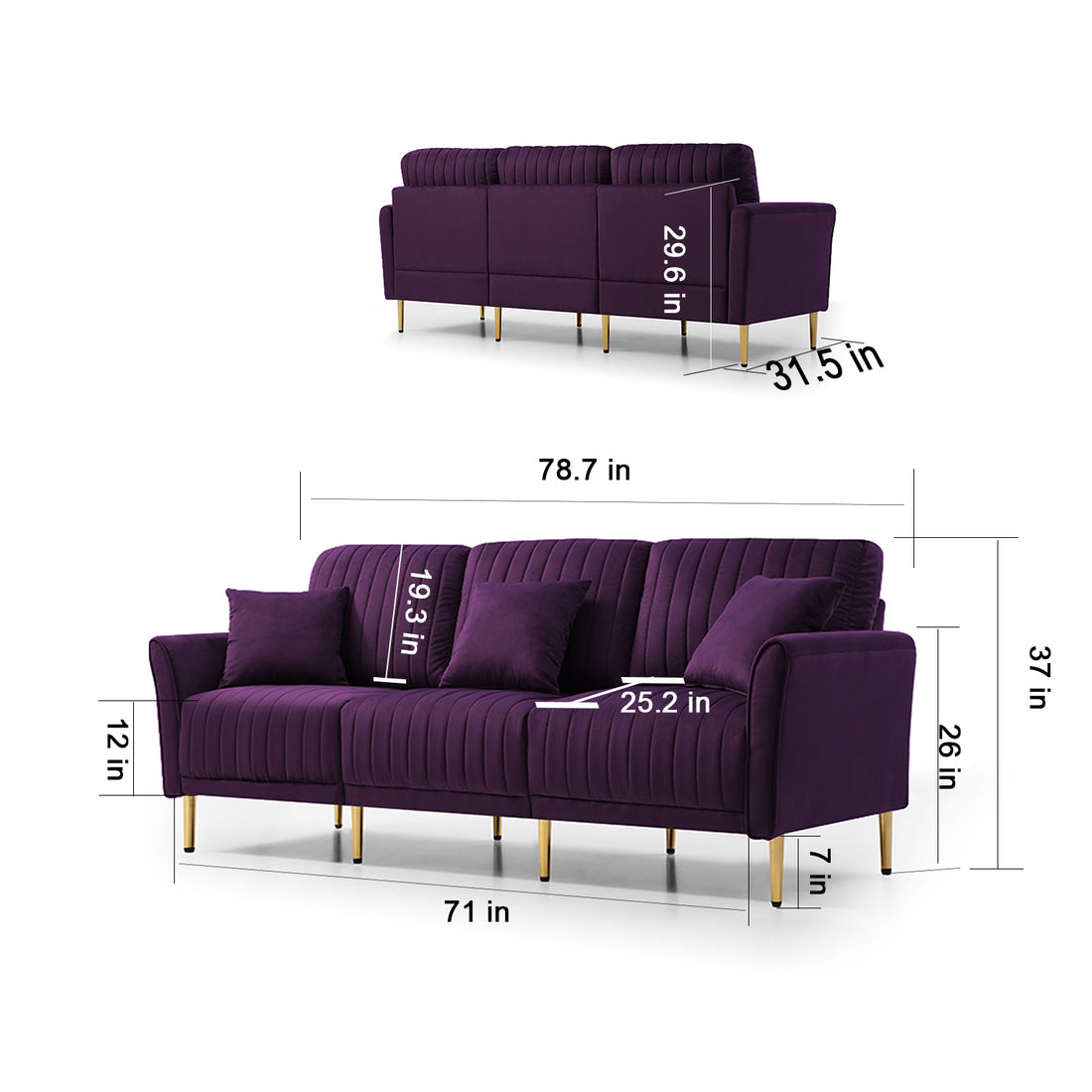 3 Piece Sectional Sofa Set, Modern Velvet Upholstered Sofa Couch With Sturdy Metel Legs For Living Room, Apartment, 3 Seater Sofa 2 Piece Loveseat Sofa, Purple Purple Foam Velvet 7 Seat