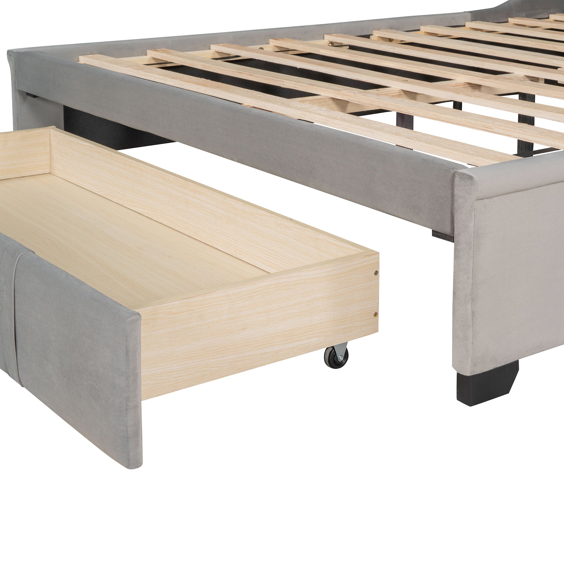 Queen Size Storage Bed Velvet Upholstered Platform Bed With Wingback Headboard And A Big Drawer Gray Gray Upholstered