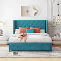 Queen Size Storage Bed Velvet Upholstered Platform Bed With Wingback Headboard And A Big Drawer Blue Blue Upholstered