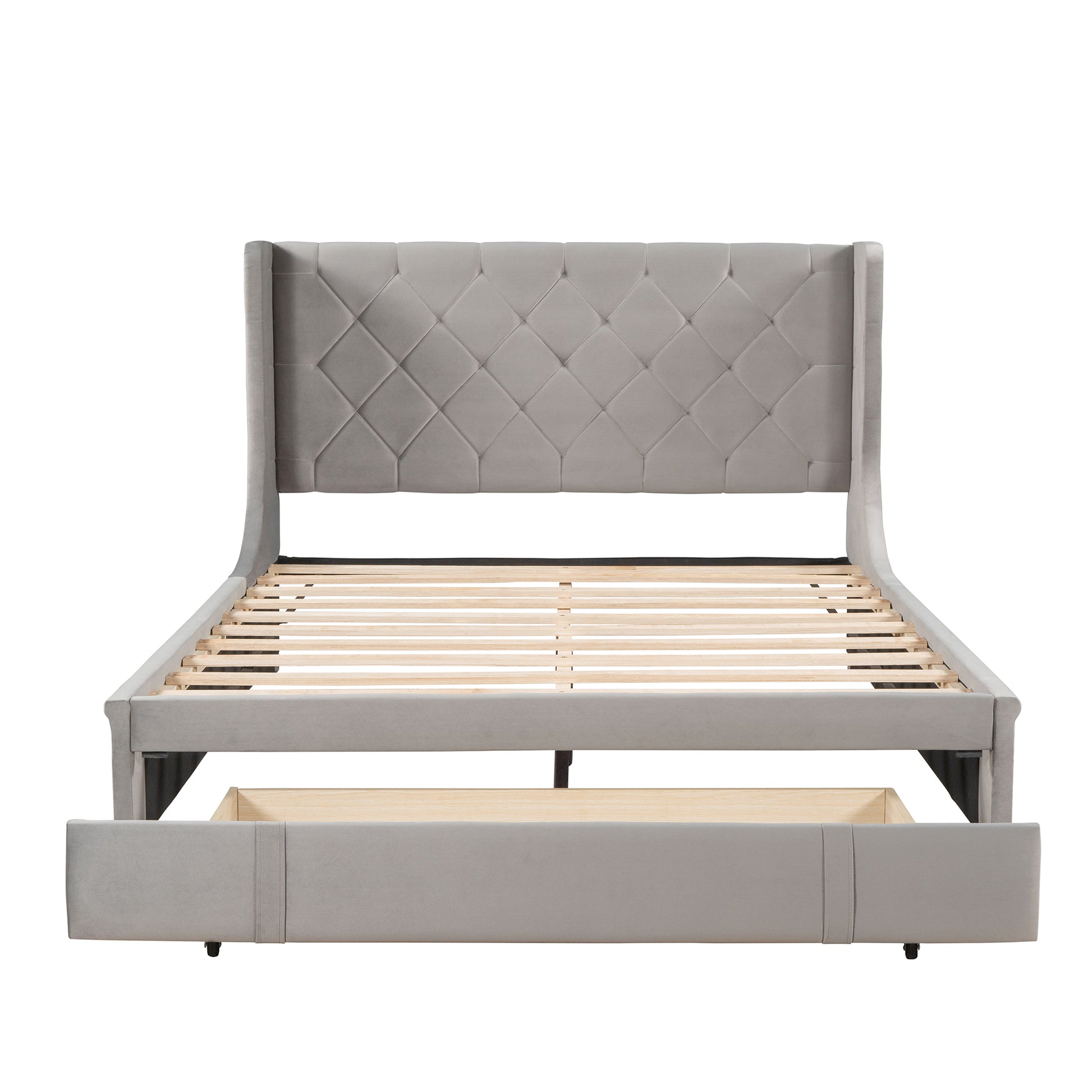 Queen Size Storage Bed Velvet Upholstered Platform Bed With Wingback Headboard And A Big Drawer Gray Gray Upholstered