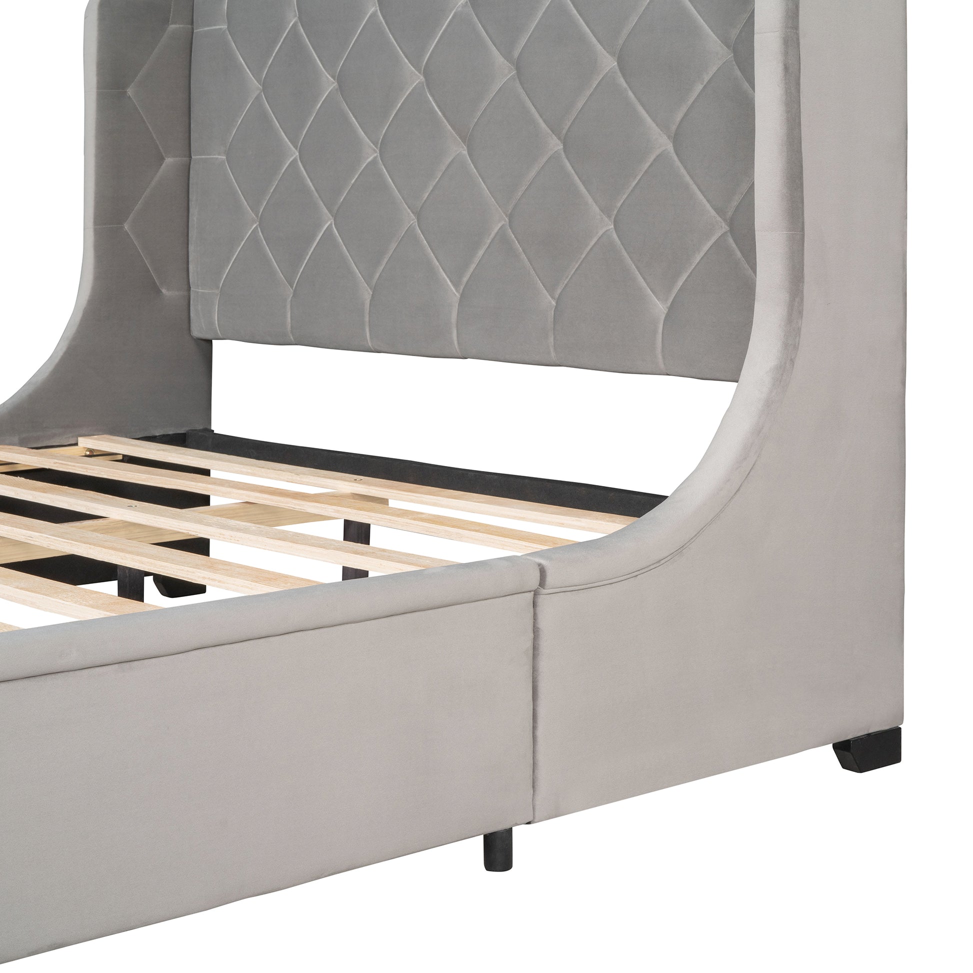 Queen Size Storage Bed Velvet Upholstered Platform Bed With Wingback Headboard And A Big Drawer Gray Gray Upholstered