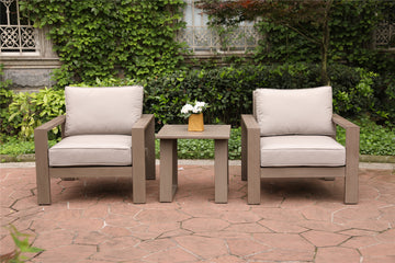 3 Piece Seating Group With Cushions, Wood Grained Pewter Polyester Aluminum