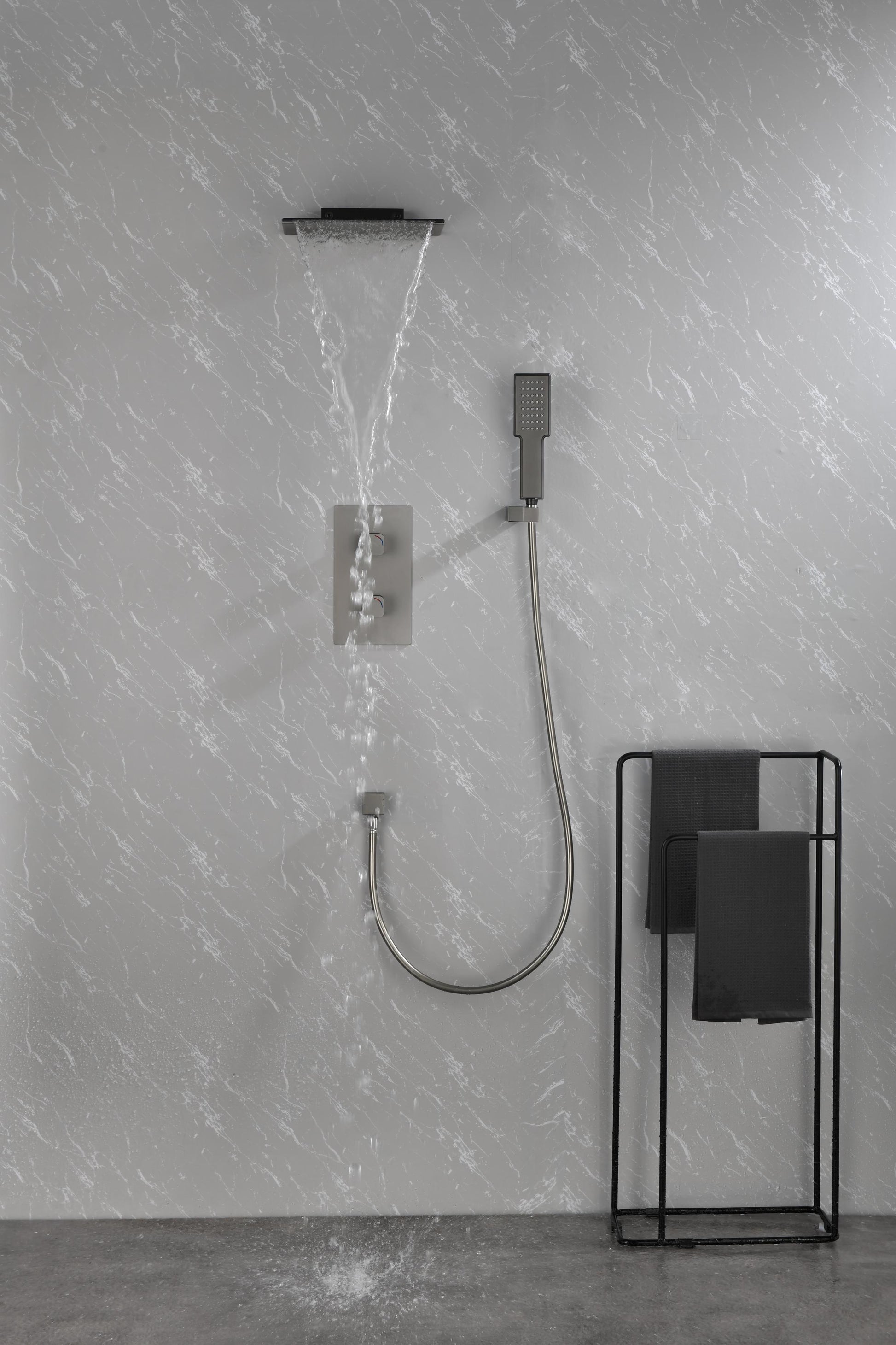 Waterfall Spout Wall Mounted Shower With Handheldshower Systems Gray Metal Gunmetal Brass