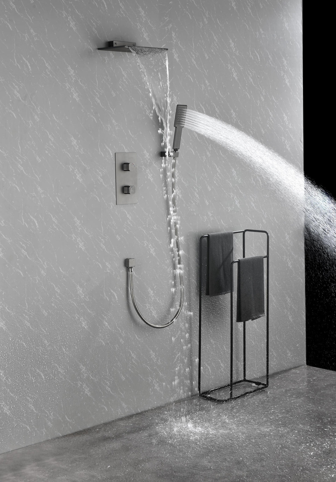 Waterfall Spout Wall Mounted Shower With Handheldshower Systems Gray Metal Gunmetal Brass