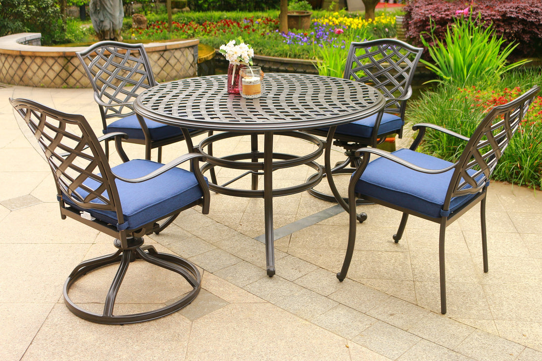 Round 4 Person 49" Long Aluminum Dining Set With Cushions Navy Blue Polyester Aluminum