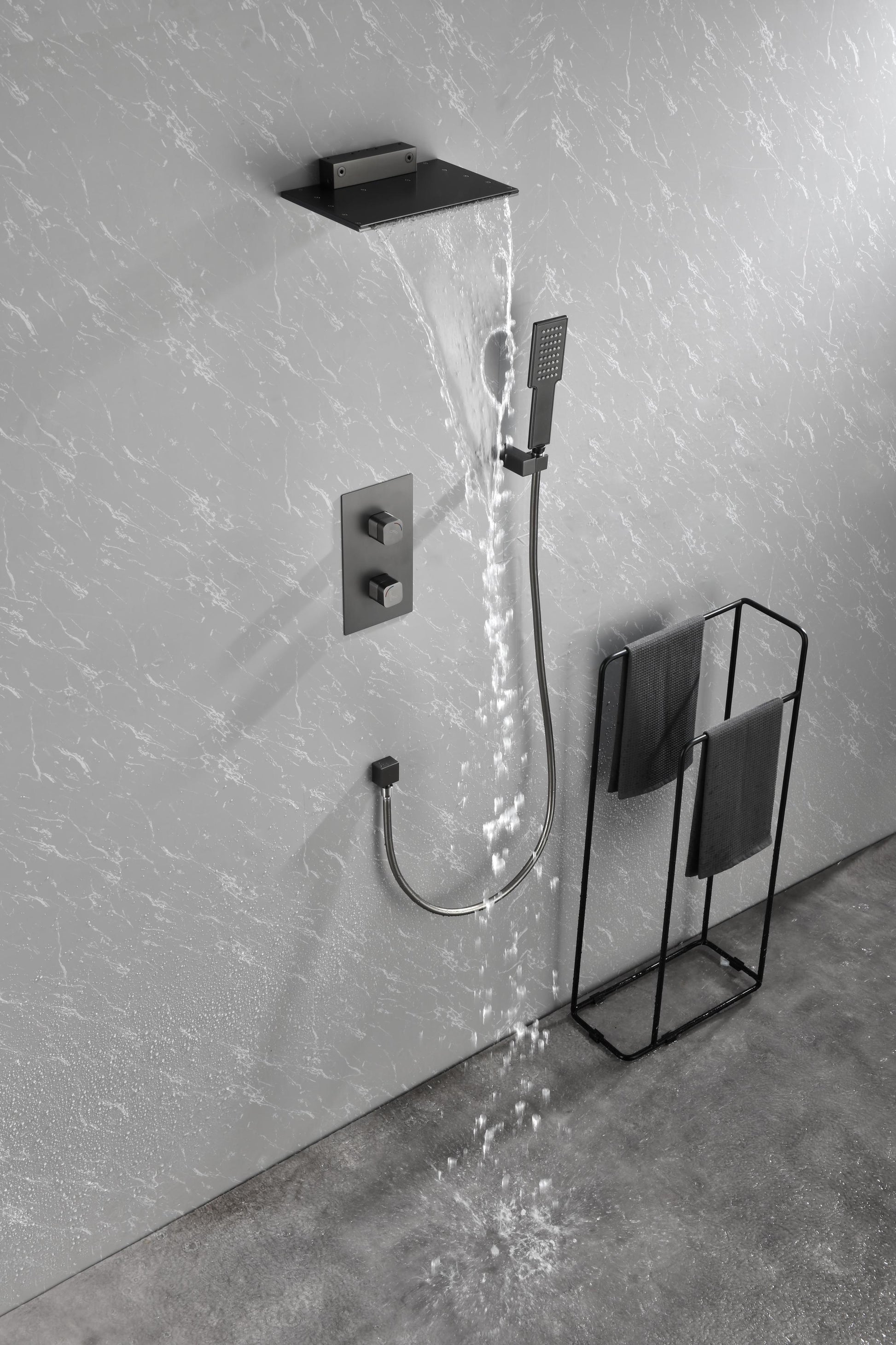 Waterfall Spout Wall Mounted Shower With Handheldshower Systems Gray Metal Gunmetal Brass