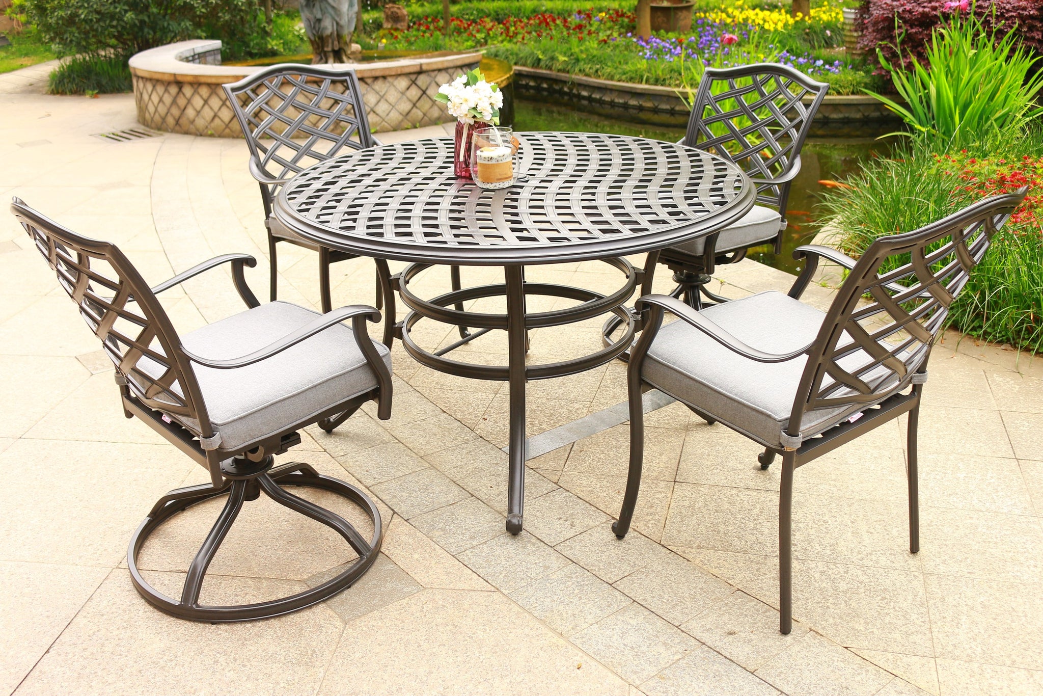 Round 4 Person 49" Long Aluminum Dining Set With Sunbrella Cushions Brown Grey Polyester Aluminum