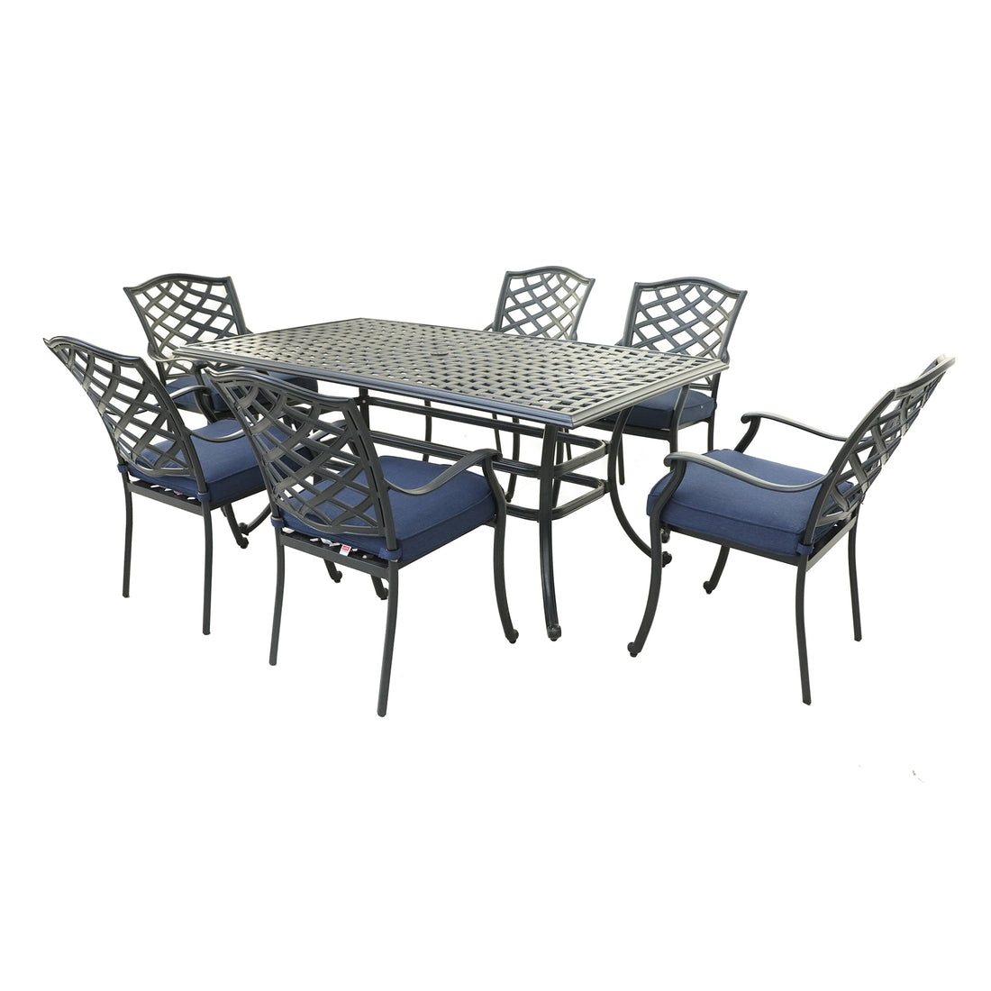 Rectangular 6 Person 68" Long Aluminum Dining Set With Cushions Navy Blue Polyester Aluminum