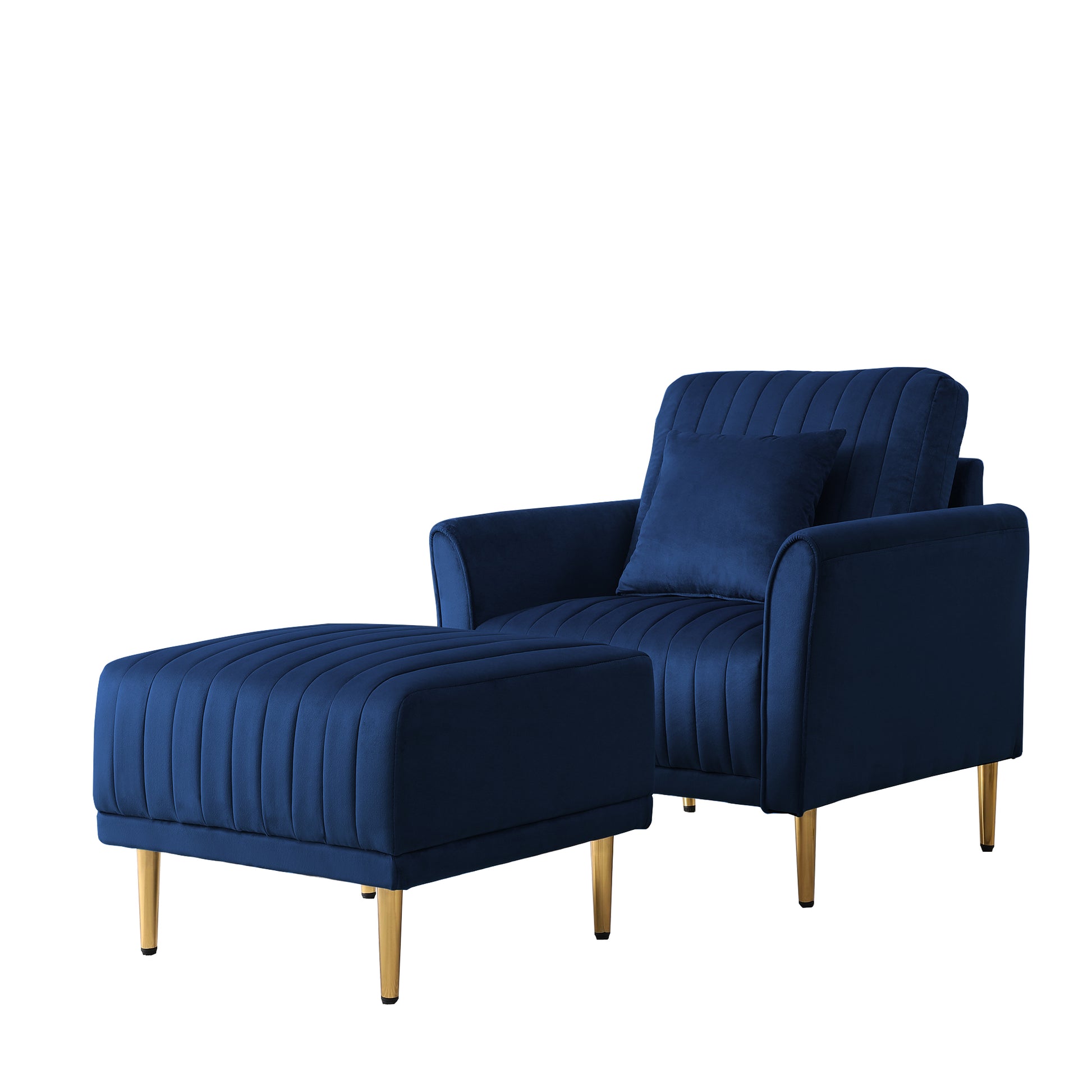 Accent Chair With Ottoman, Single Sofa Chair And Ottoman Set, Modern Velvet Barrel Chair Accent Armchair With Golden Legs For Living Room Bedroom Home Office, Channel Tufted Back Club Chair, Blue Blue Foam Velvet