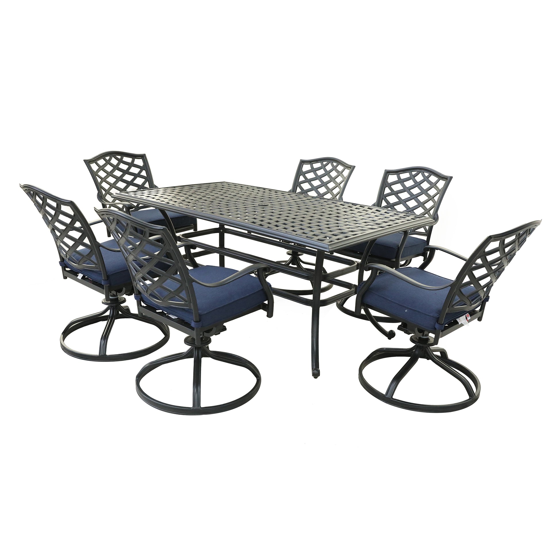 Rectangular 6 Person 68" Long Aluminum Dining Set With Cushions Navy Blue Polyester Aluminum