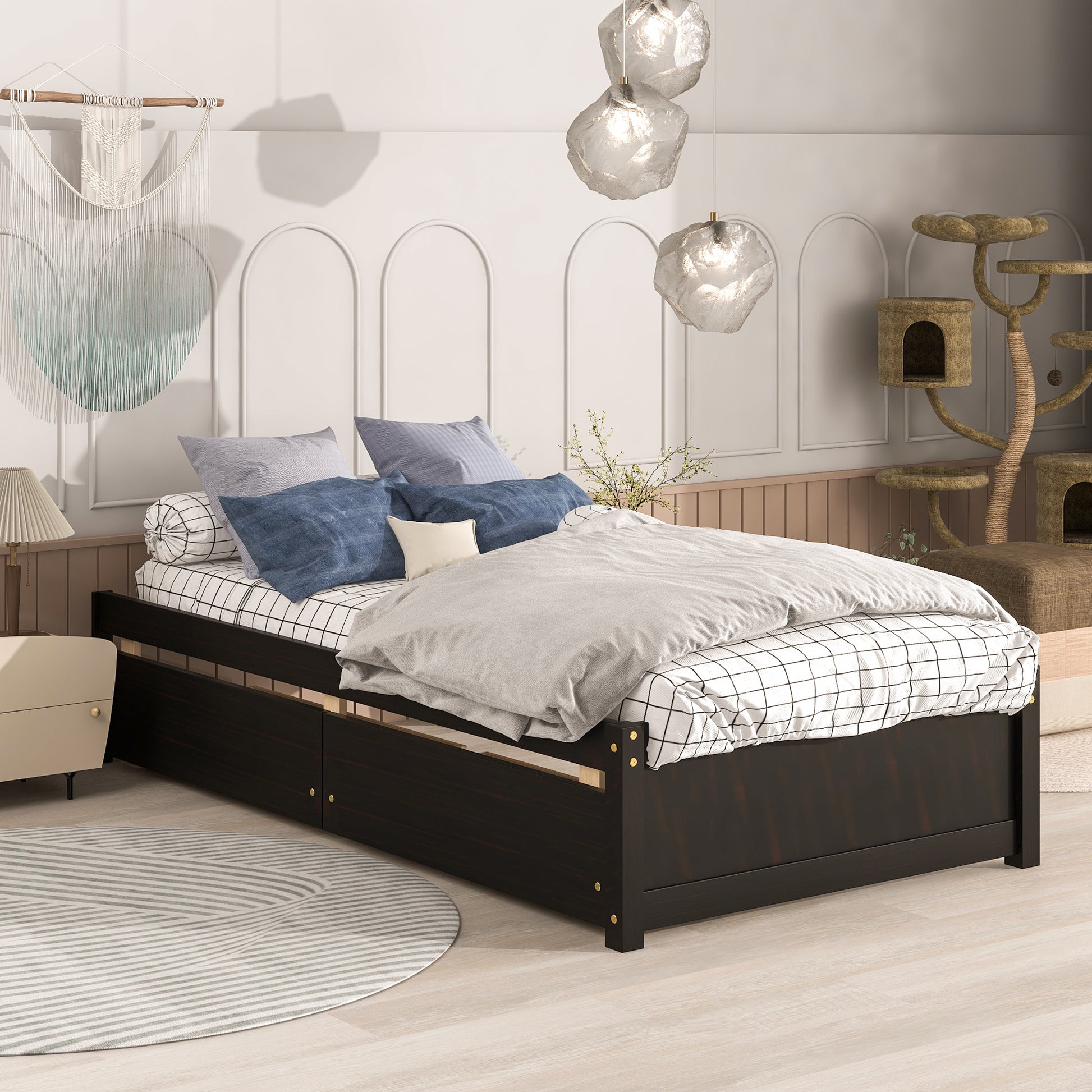 Twin Bed With 2 Drawers, Solid Wood, No Box Spring Needed ,Espresso Old Sku:W50441670 Twin Espresso Pine