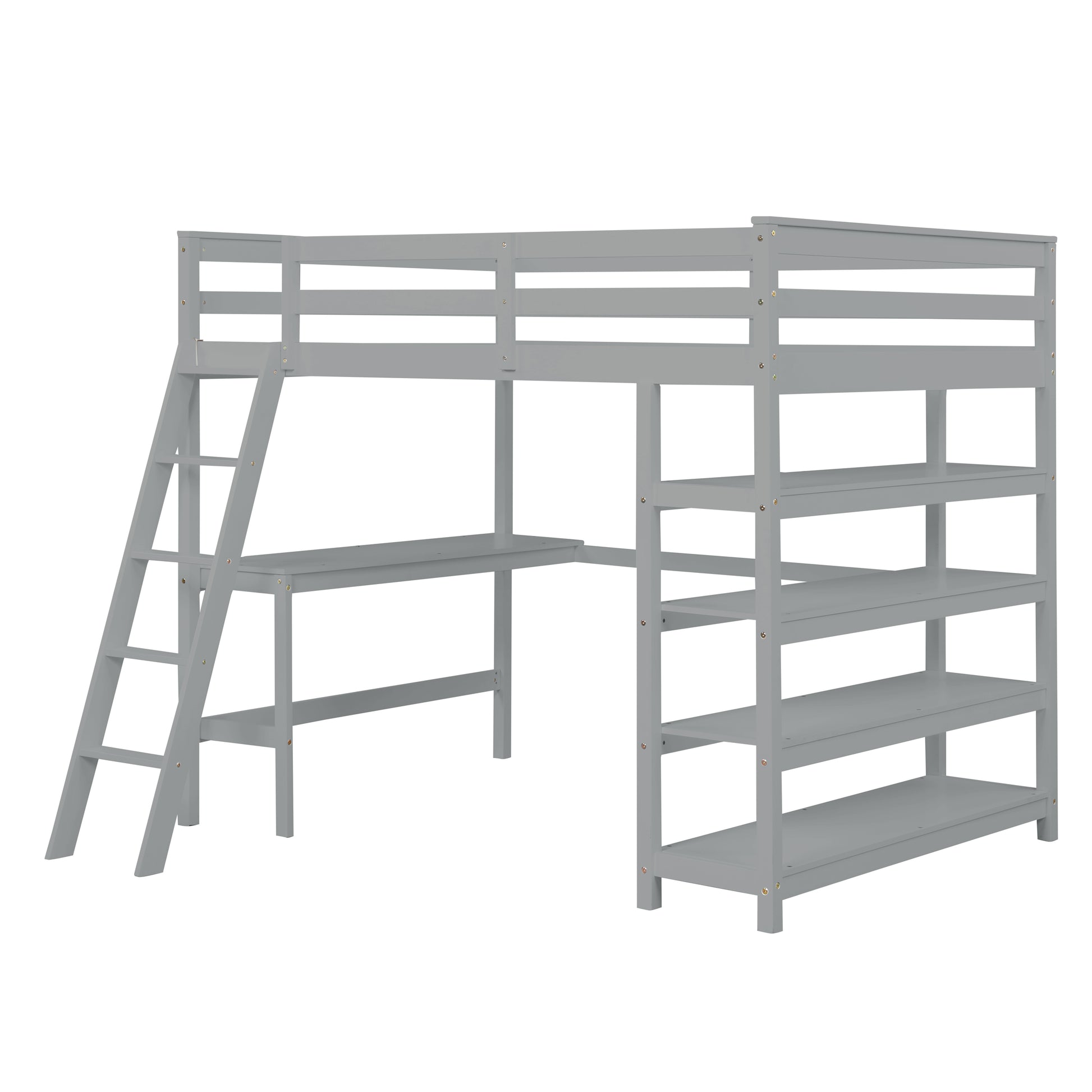 Loft Bed Full With Desk,Ladder,Shelvesgrey Grey Pine