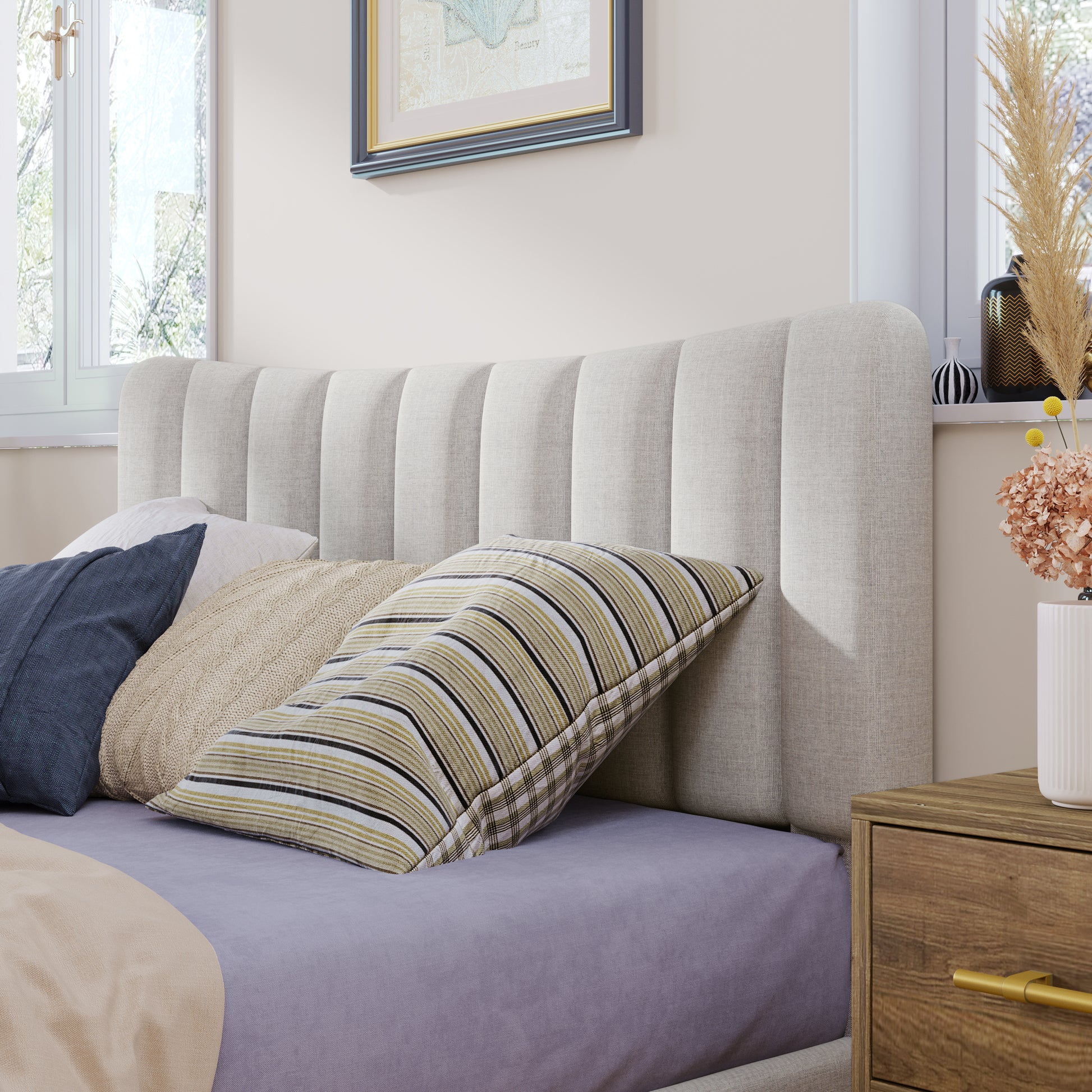 Upholstered Platform Bed Frame With Vertical Channel Tufted Headboard, No Box Spring Needed, Full, Cream Cream Linen