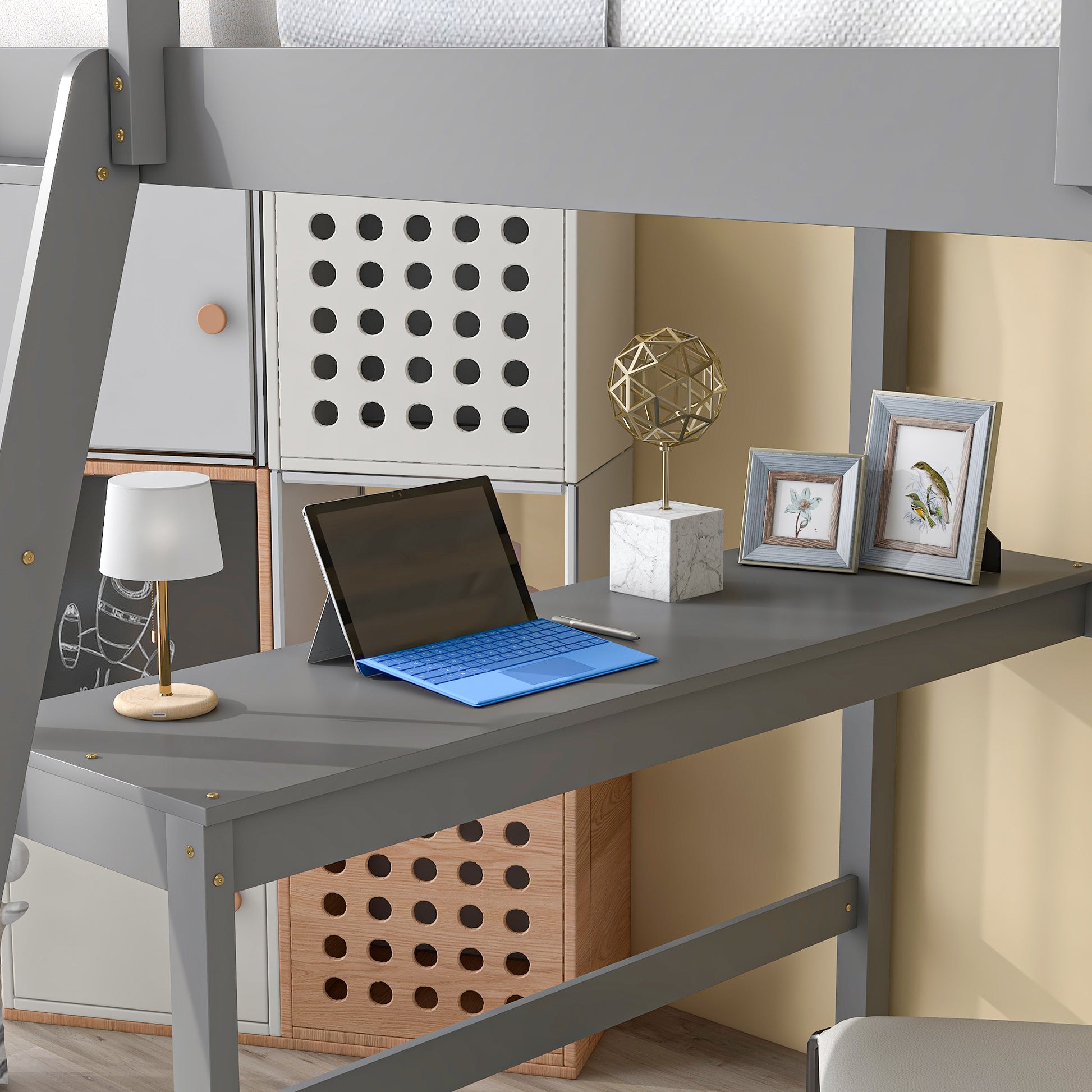 Loft Bed Full With Desk,Ladder,Shelvesgrey Grey Pine