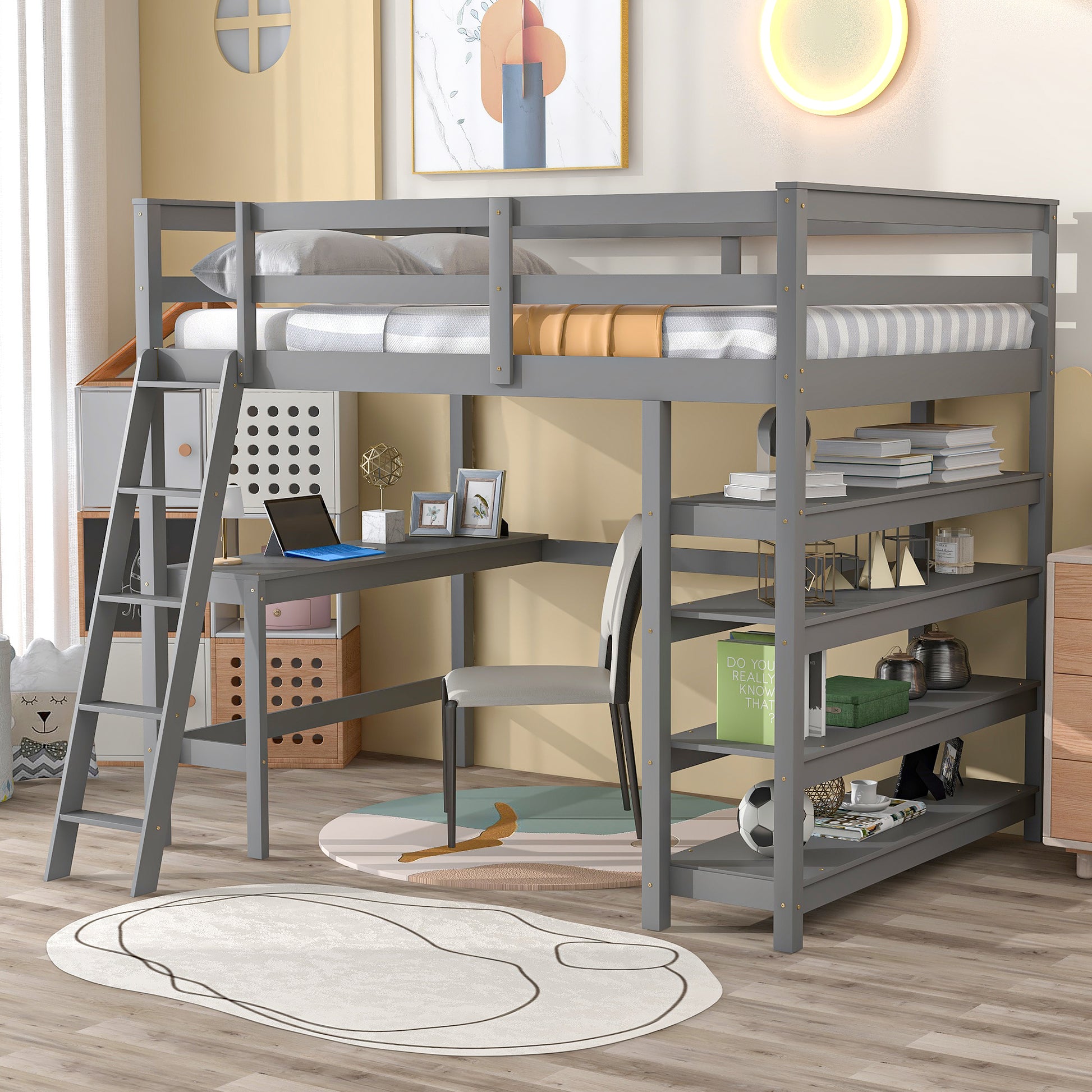 Loft Bed Full With Desk,Ladder,Shelvesgrey Grey Pine