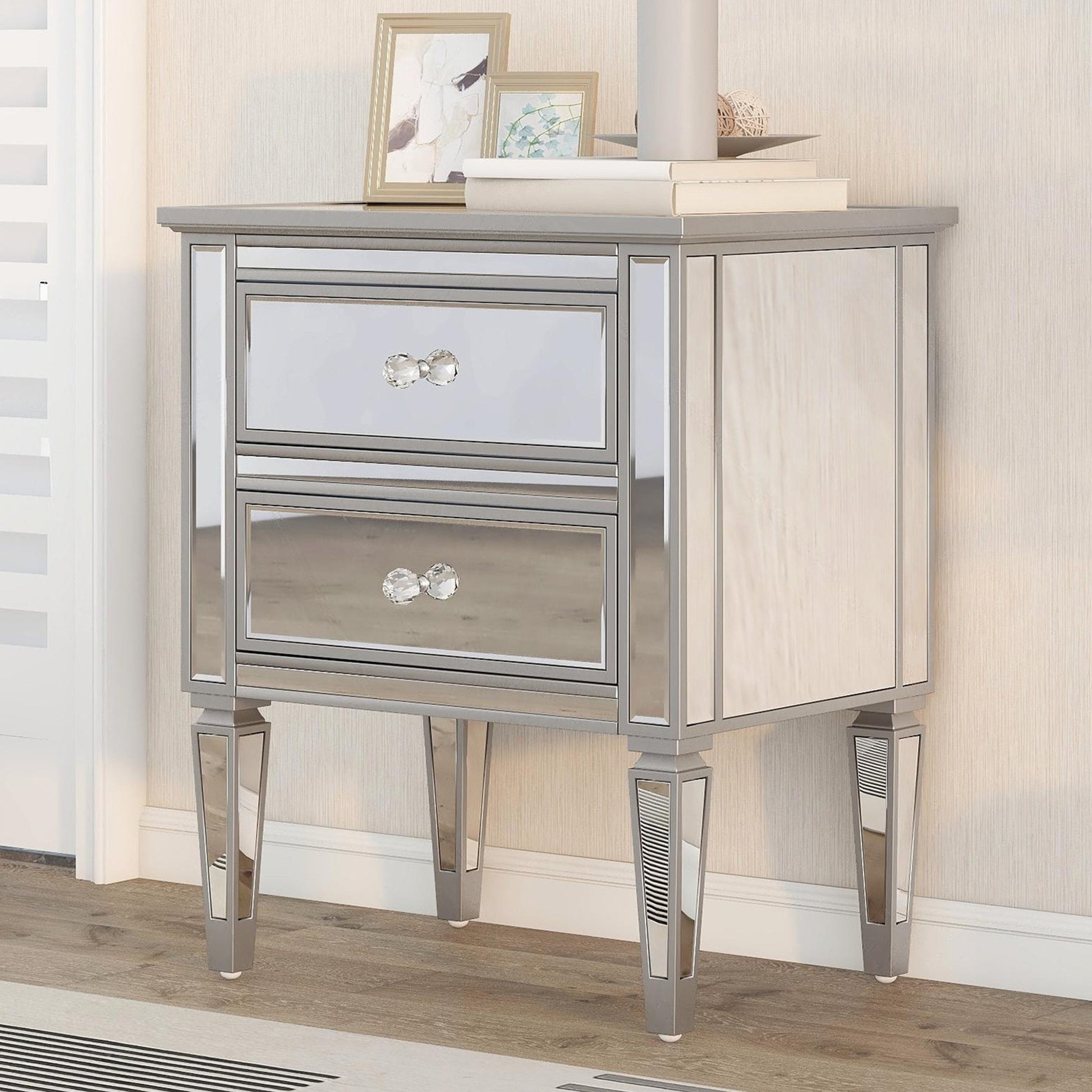 Elegant Mirrored Side Table With 2 Drawers, Modern Silver Finished For Living Room, Hallway, Entryway Old Sku:Wf302312Aan Silver Glass