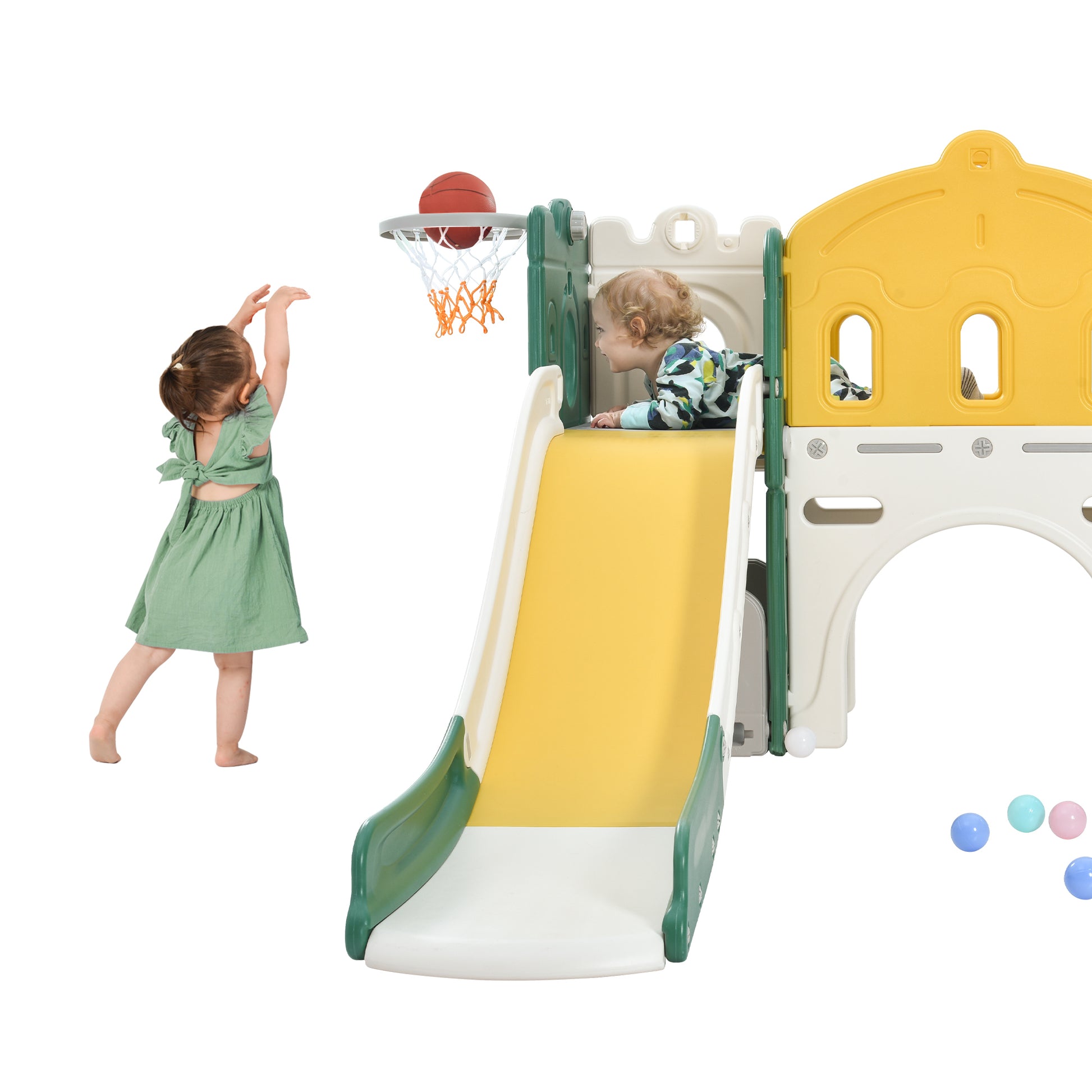 Kids Slide Playset Structure, Freestanding Castle Climber With Slide And Basketball Hoop, Toy Storage Organizer For Toddlers, Kids Climbers Playhouse For Indoor Outdoor Playground Activity Green Hdpe