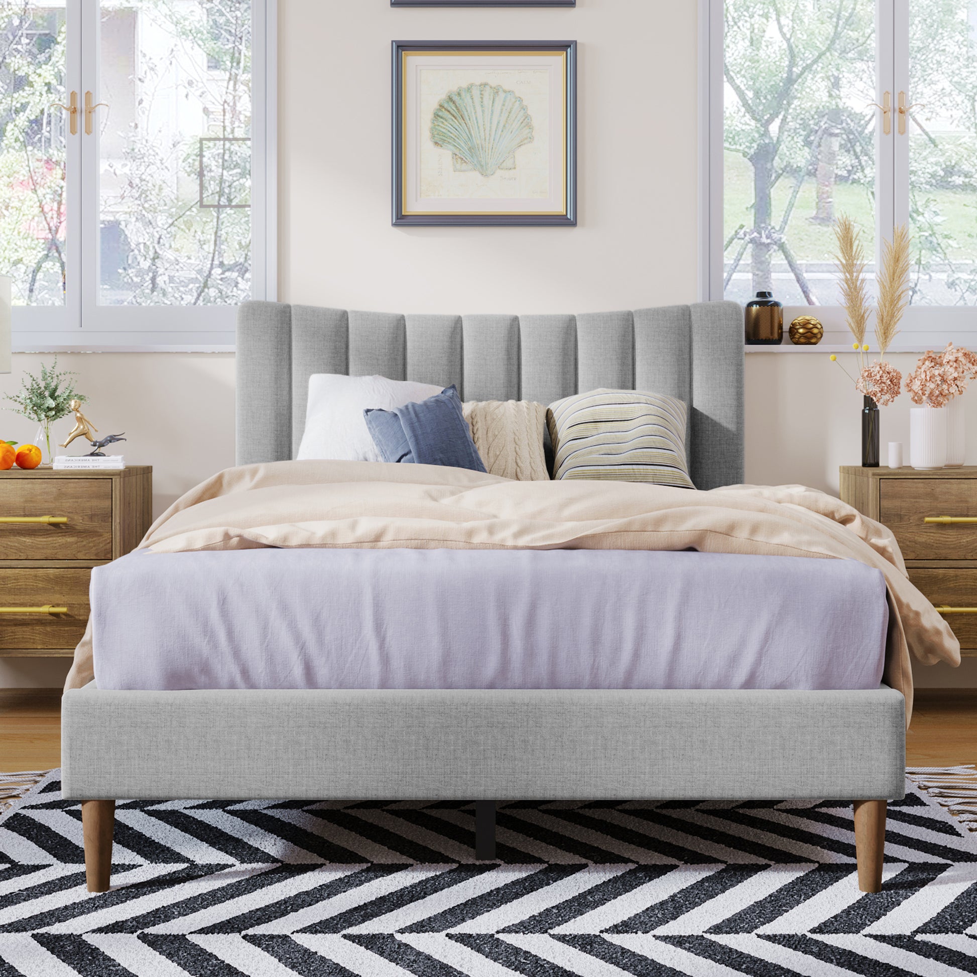 Upholstered Platform Bed Frame With Vertical Channel Tufted Headboard, No Box Spring Needed, Full,Gray Gray Linen