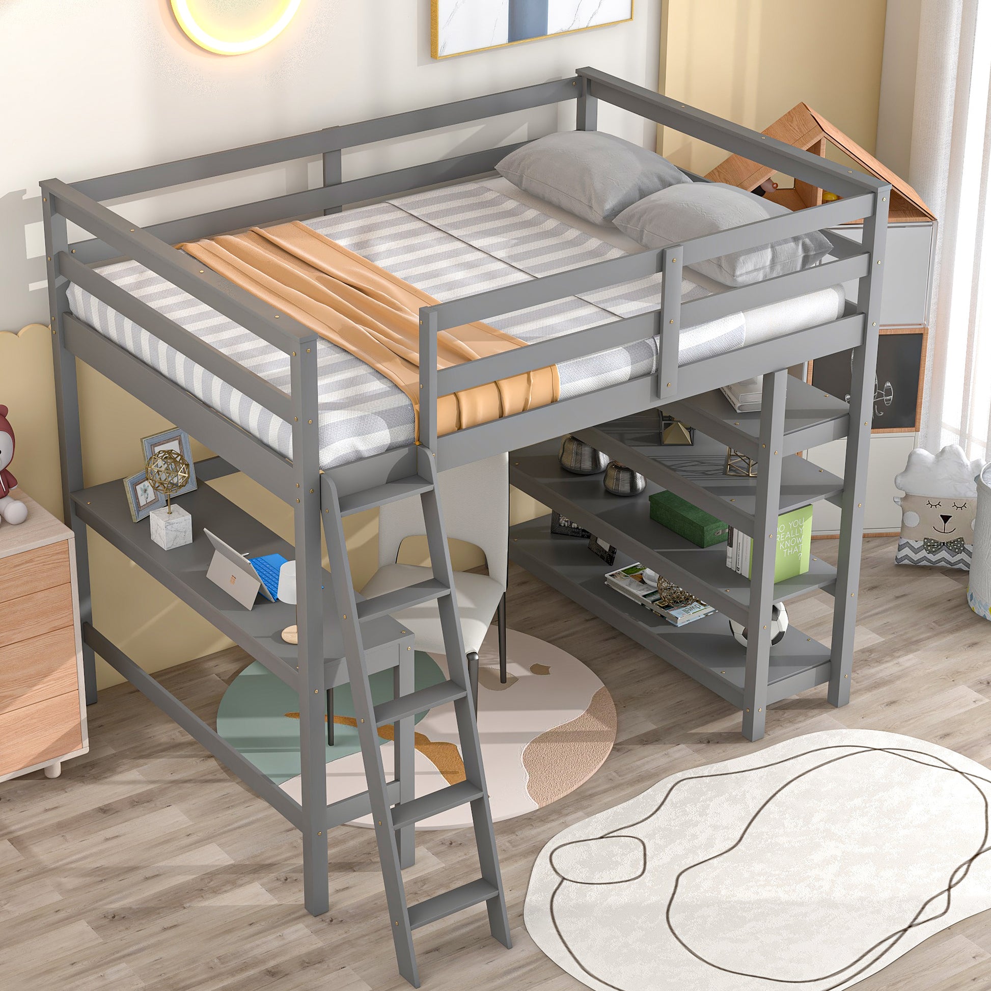 Loft Bed Full With Desk,Ladder,Shelvesgrey Grey Pine