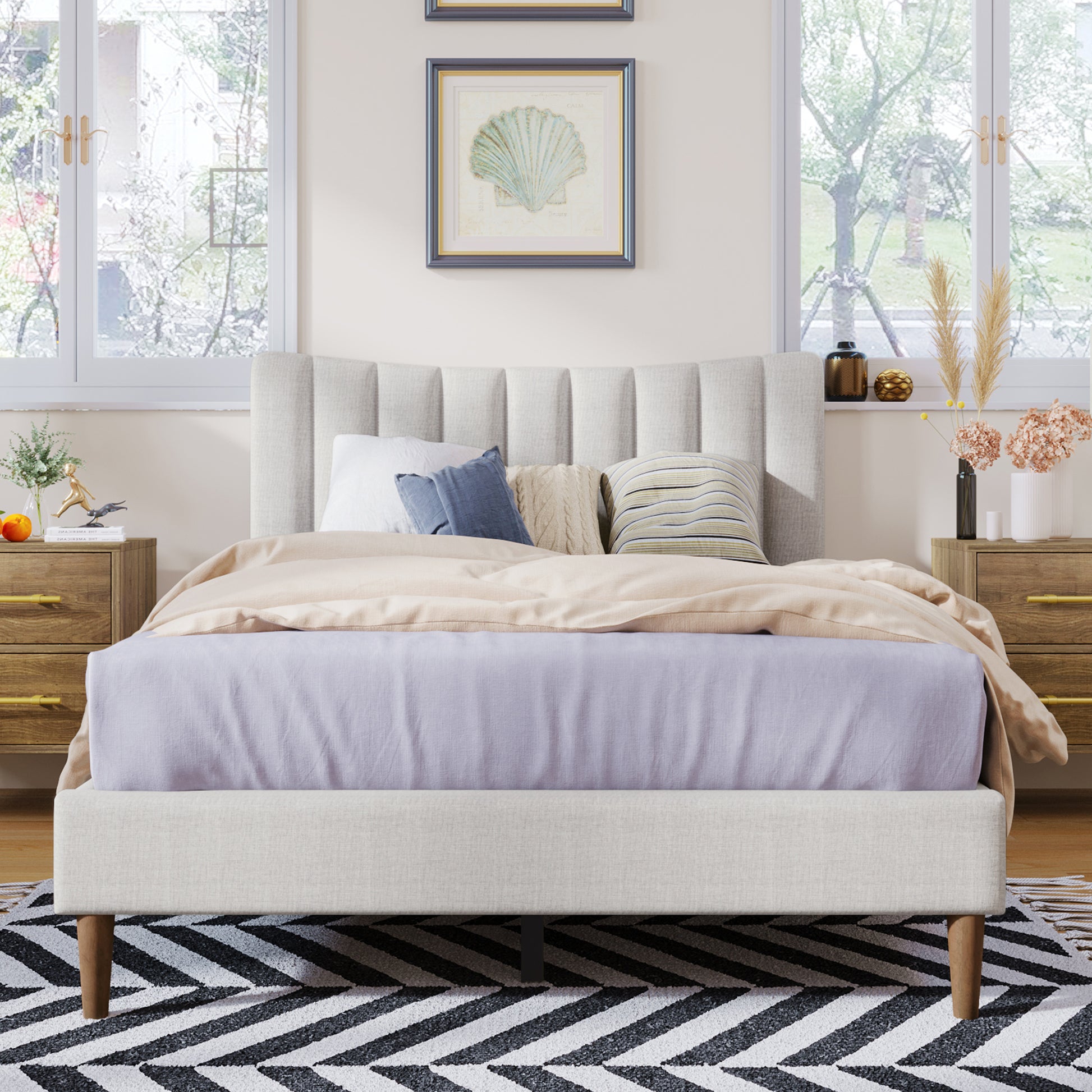 Upholstered Platform Bed Frame With Vertical Channel Tufted Headboard, No Box Spring Needed, Full, Cream Cream Linen