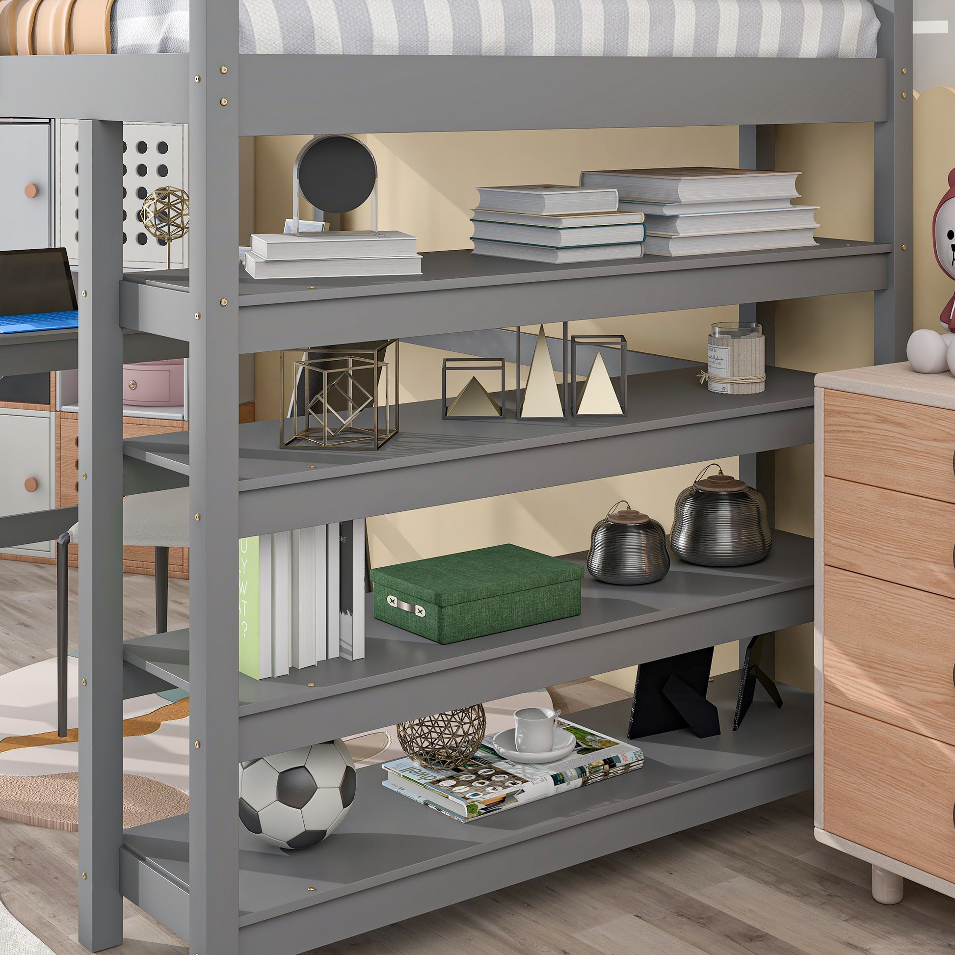 Loft Bed Full With Desk,Ladder,Shelvesgrey Grey Pine